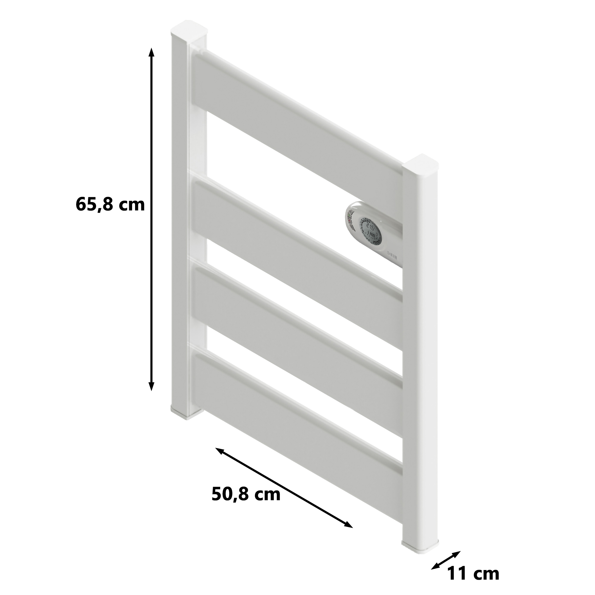 Calentador de toallas blanco con dimensiones: 65,8 cm x 50,8 cm x 11 cm.