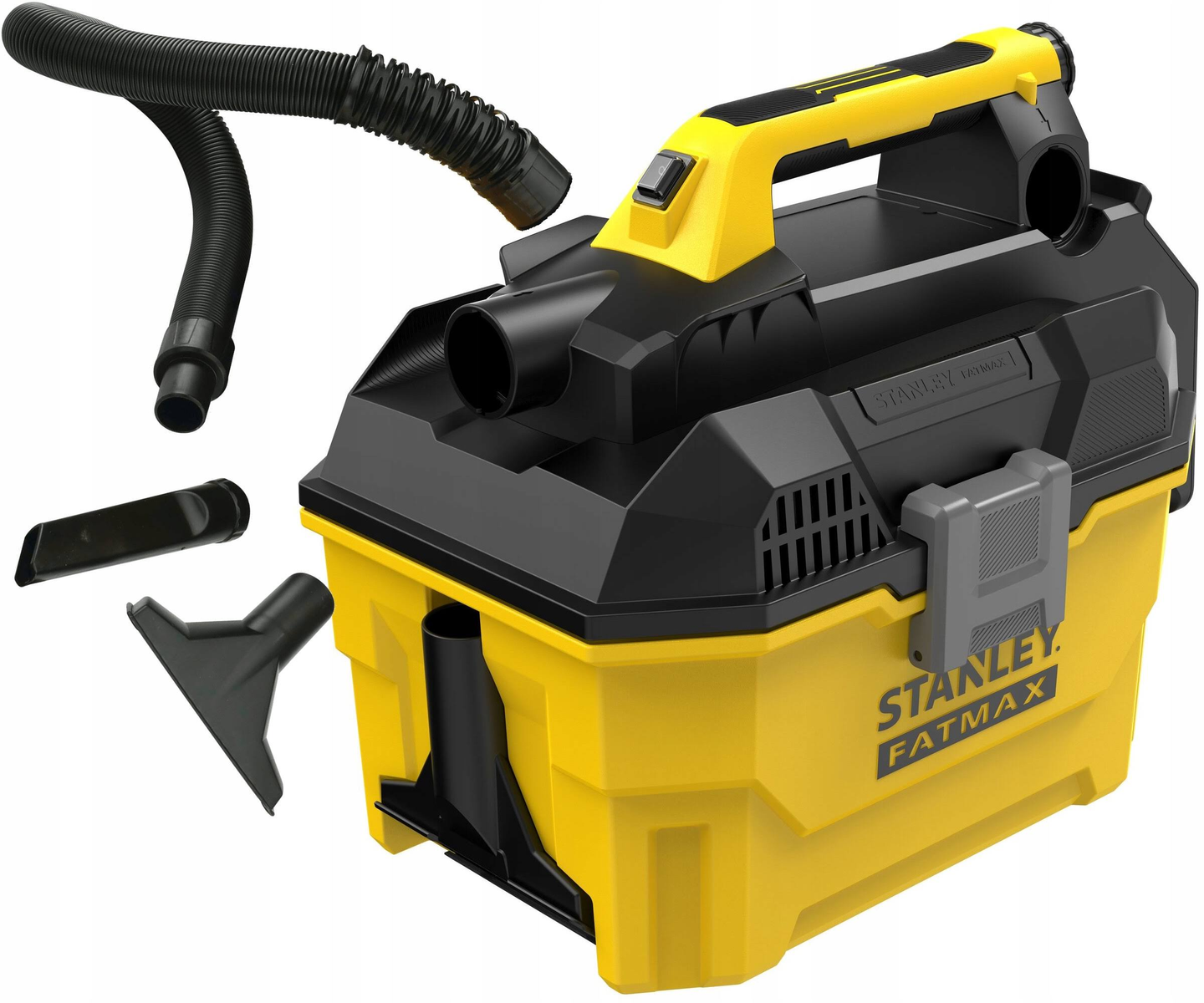 Żółto-czarny odkurzacz na mokro i sucho z różnymi nasadkami i elastycznym wężem. Stanley FatMax.