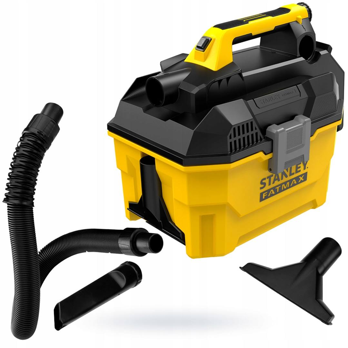 Żółto-czarny odkurzacz Stanley Fatmax z akcesoriami. Zawiera wąż i nasadki.