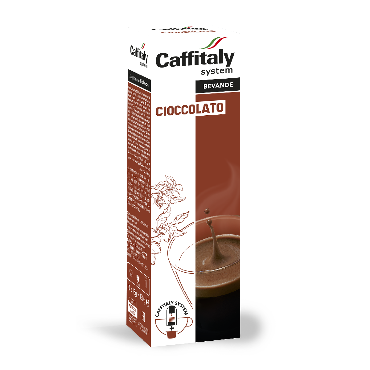 Caffitaly Cioccolato-Box. Braun und weiß. Zeigt eine Tasse heiße Schokolade mit Tropfen.