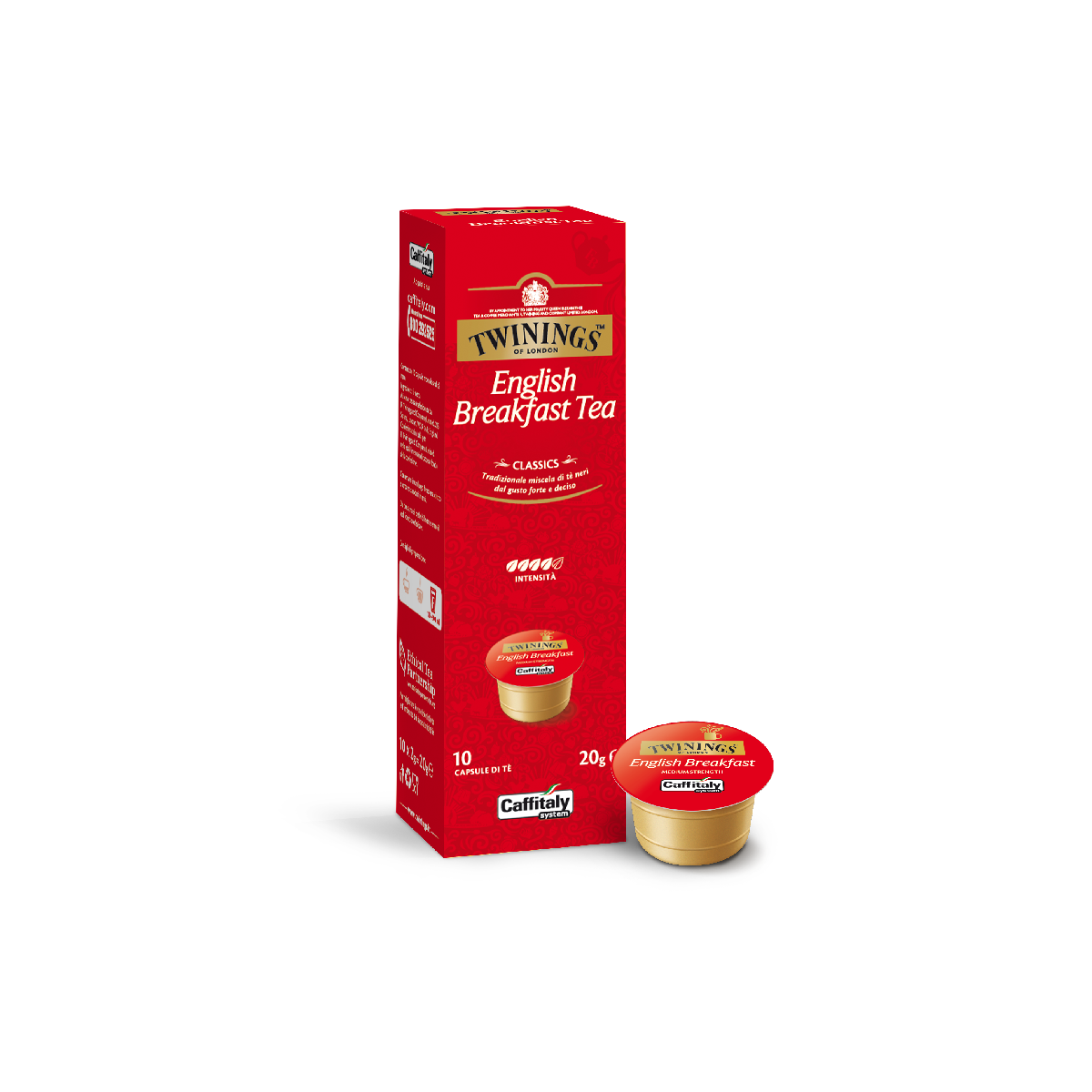 Eine rote Schachtel Twinings English Breakfast Tee mit einer Teekapsel.