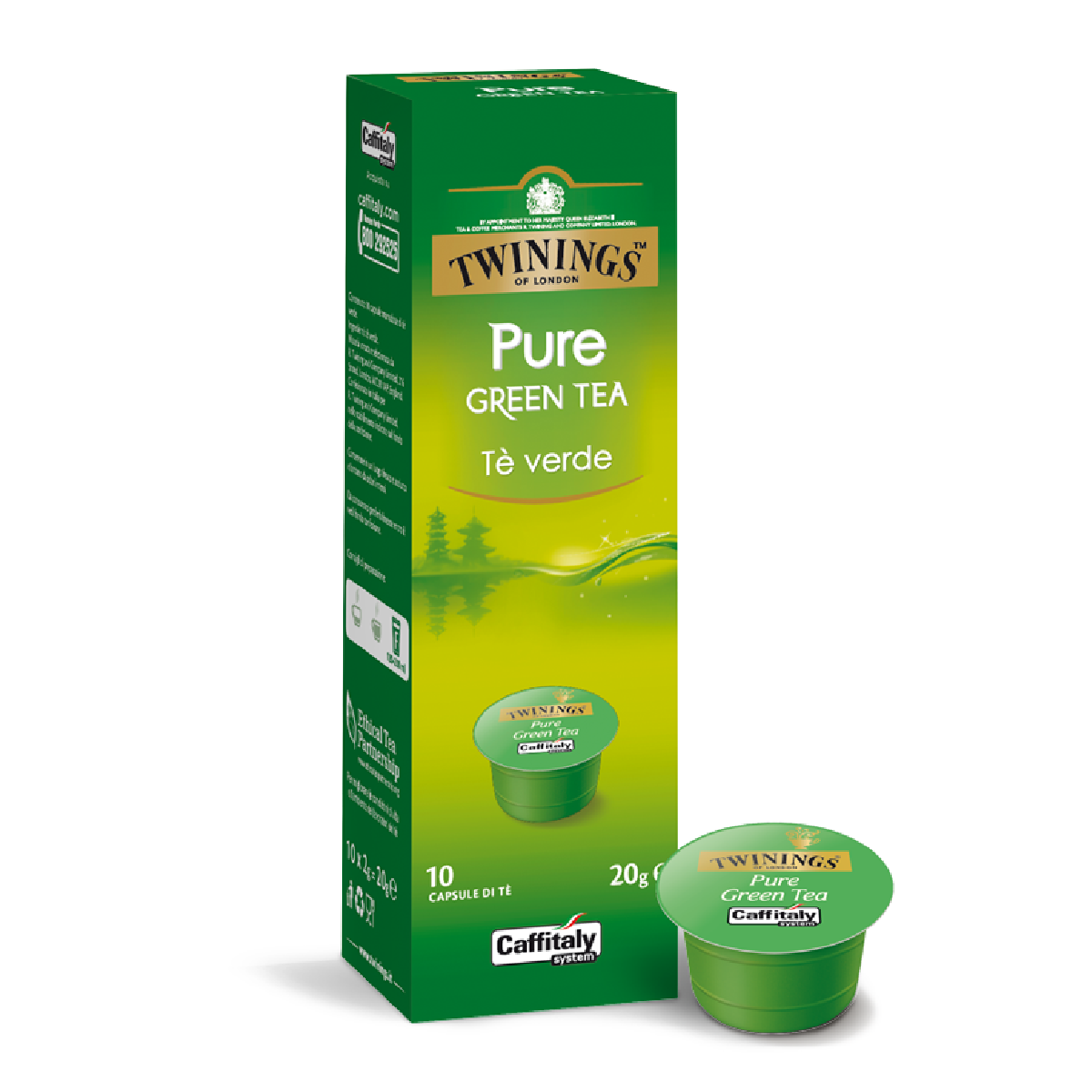 Grüne Schachtel Twinings Pure Green Tea mit Teekapsel daneben. Enthält 10 Teekapseln.