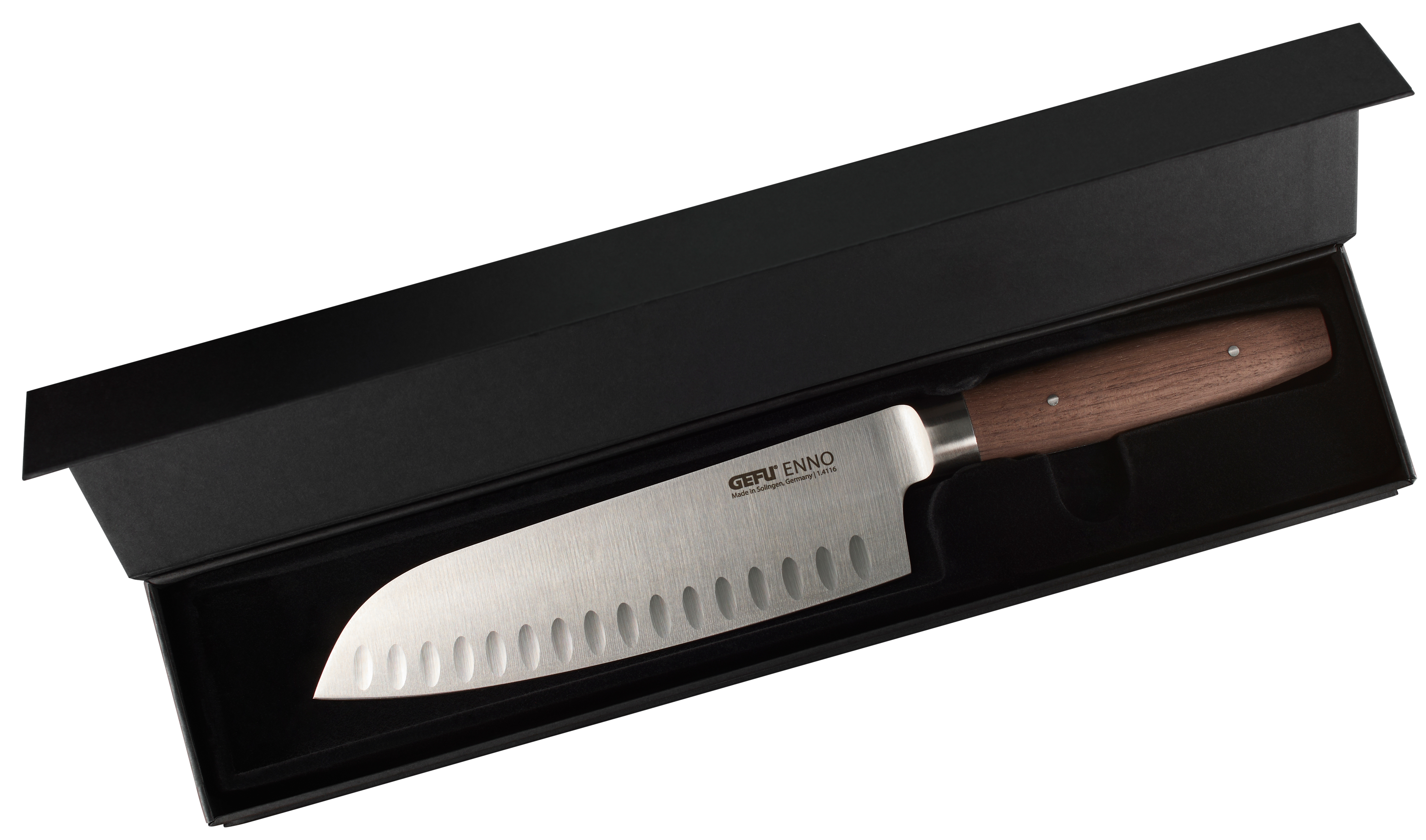 Kochmesser in schwarzer Box, Klinge sichtbar mit Holzgriff.