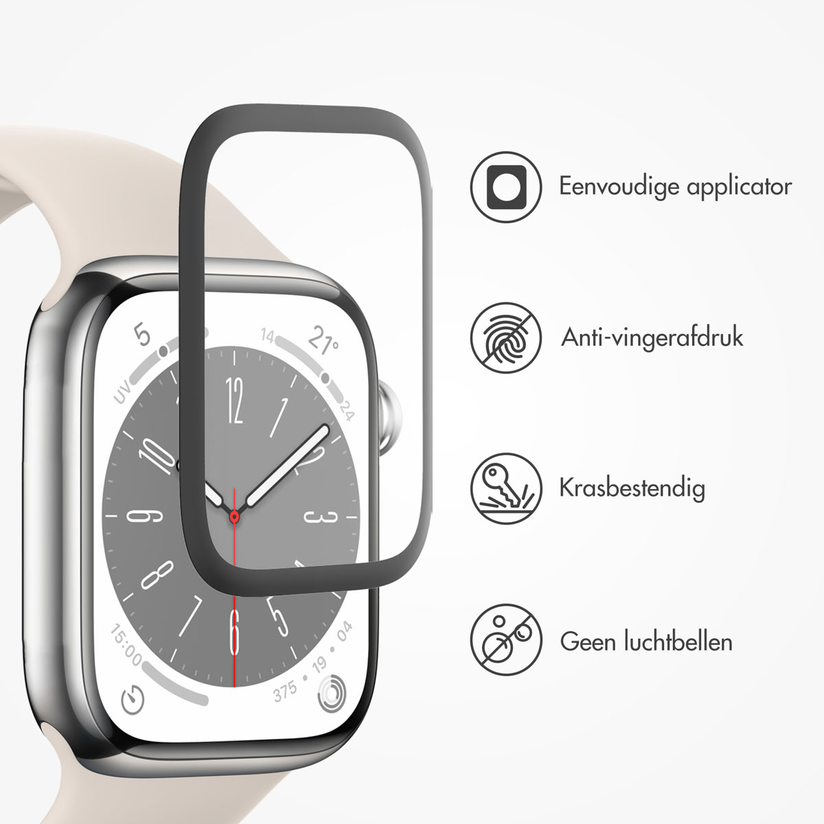 Smartwatch on a wrist, with a screen protector and icons.