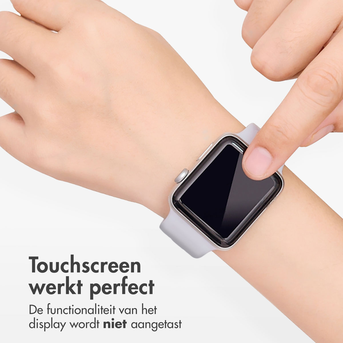 Hand with smartwatch, touching screen. Gray band, black screen.