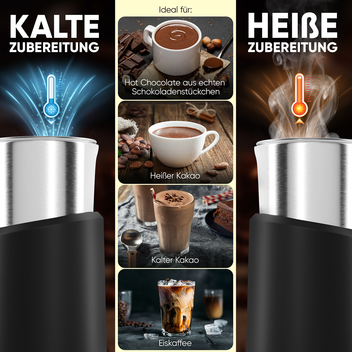 Podzielony obraz pokazujący przykłady zimnych i gorących napojów. Każda strona ma napoje i ikonę termometru.