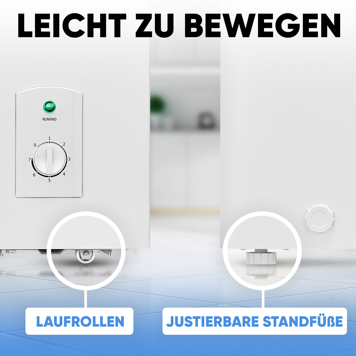 Gefrierschrank mit Betriebsanzeige und verstellbaren Füßen, Text: "LEICHT ZU BEWEGEN".
