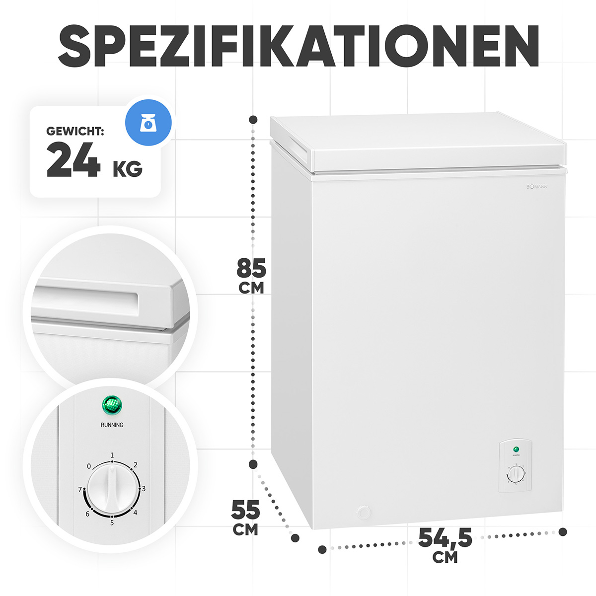 Weißer Truhen-Gefrierschrank mit Maßen und einem Drehregler. Zeigt ein Gewicht von 24 kg und eine Betriebsanzeige.