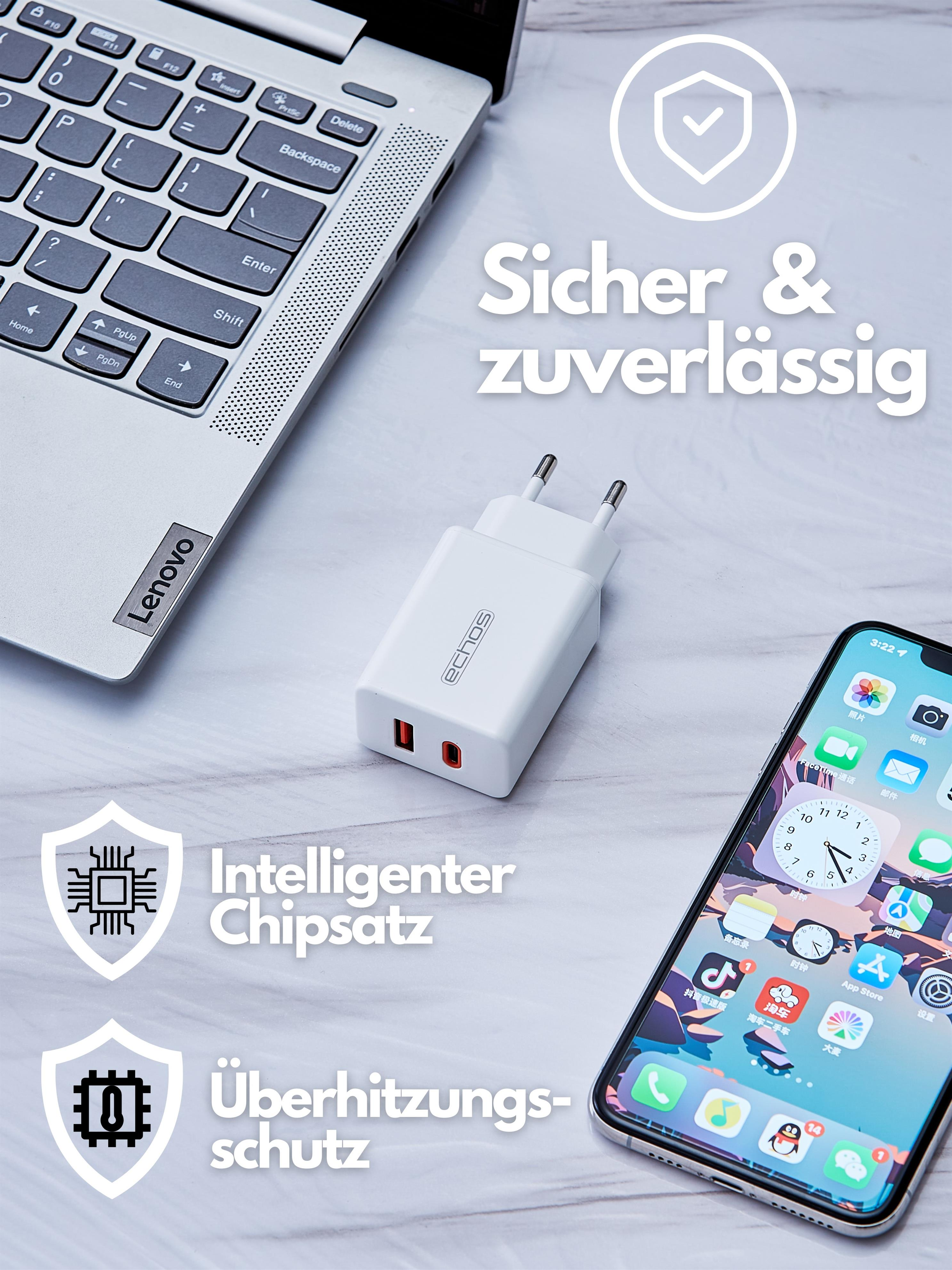 Laptop, Ladegerät und Telefon auf marmorähnlicher Oberfläche. Text: 'Sicher & zuverlässig'.