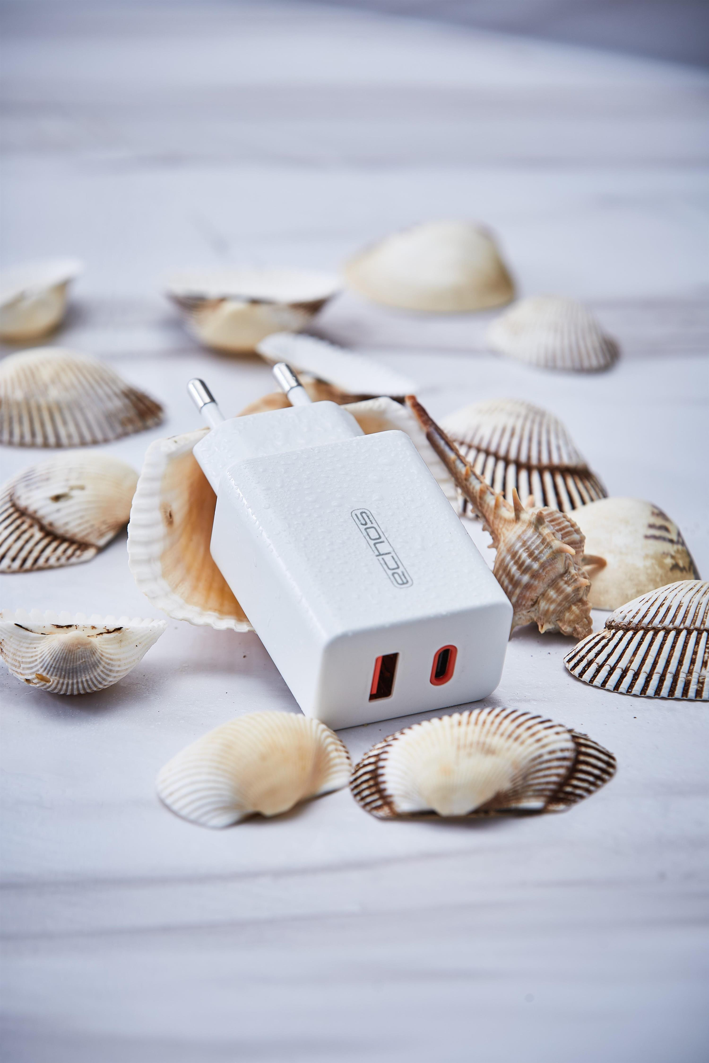 Weißes Netzteil mit zwei Anschlüssen, umgeben von Muscheln auf einer weißen Holzoberfläche.