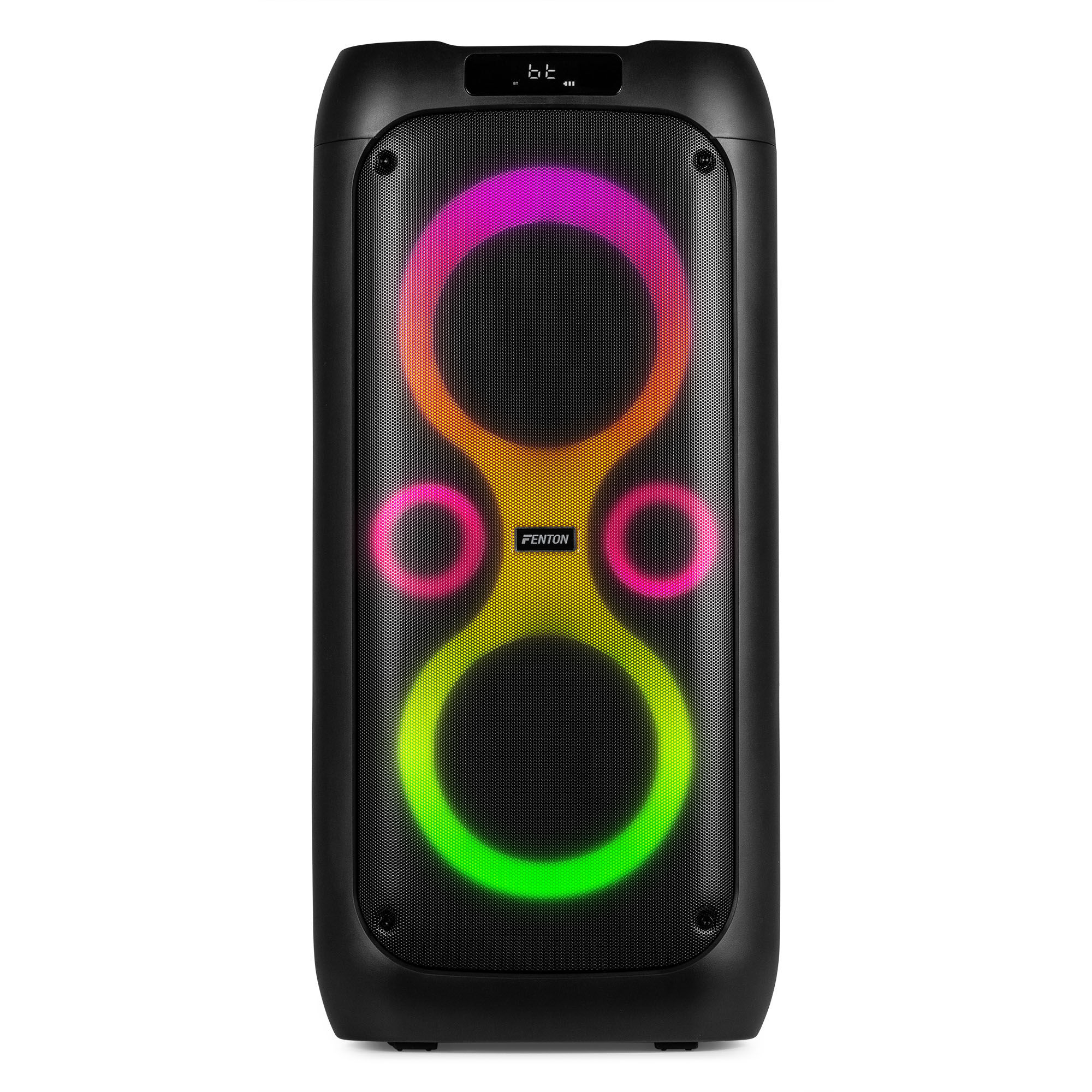 Un altavoz negro con círculos brillantes coloridos. La palabra "FENTON" está escrita en él.