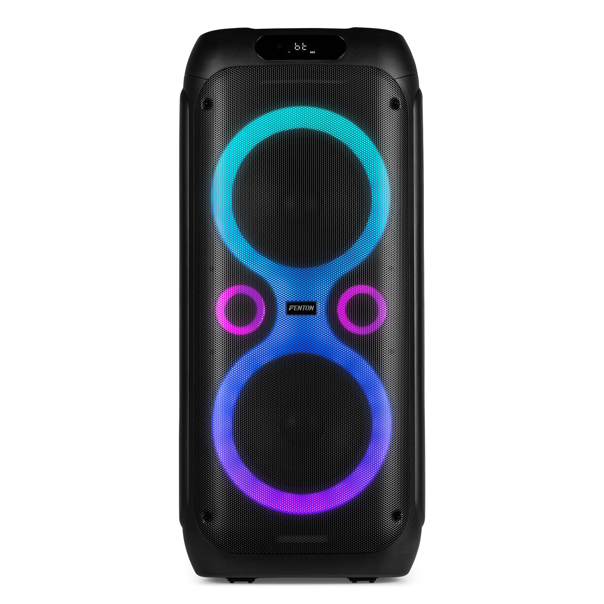 Altavoz negro con anillos de luz de colores y nombre 'Fenton'.