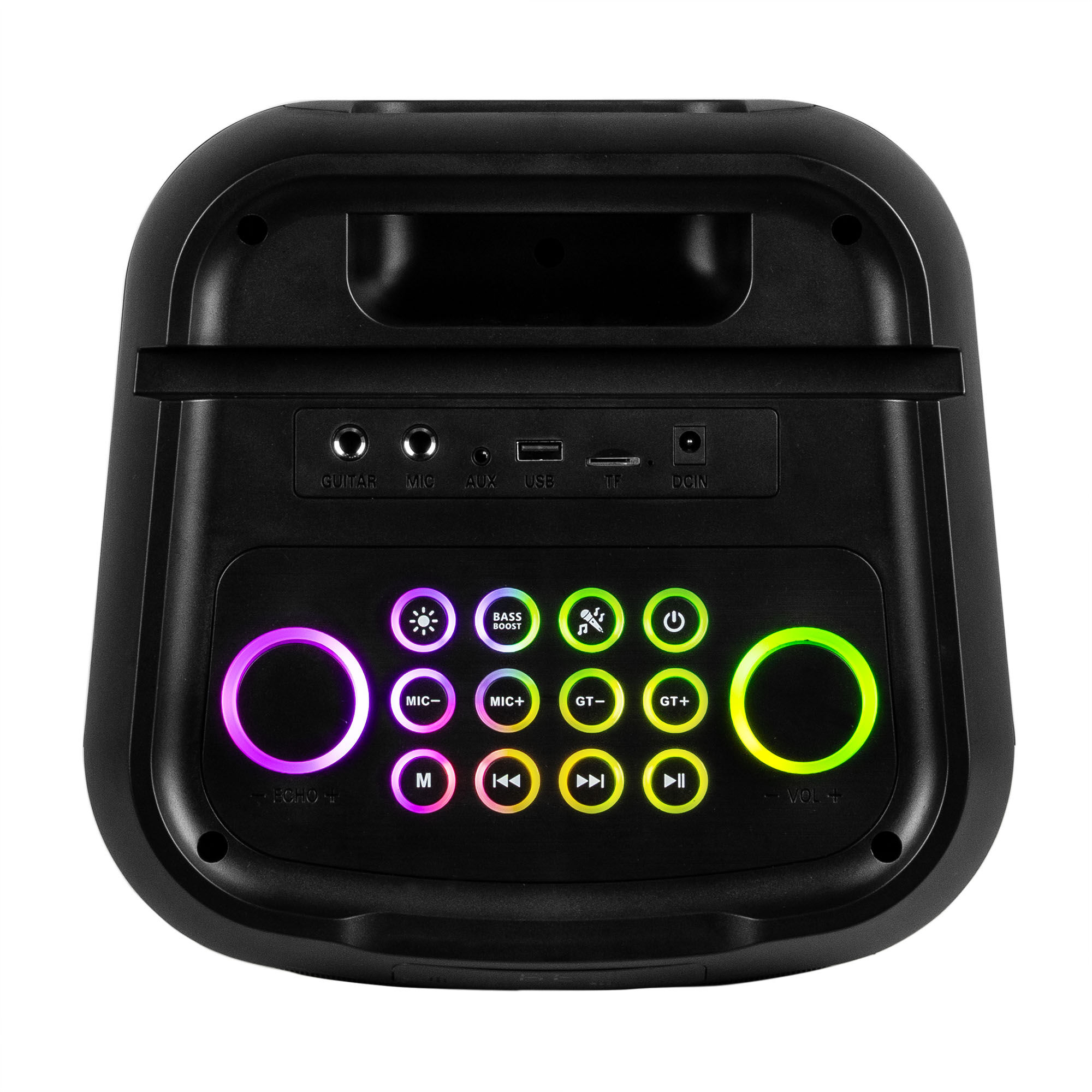 Altavoz negro con luces y botones coloridos. Incluye entradas de guitarra, micrófono, usb y otras. Fondo blanco.