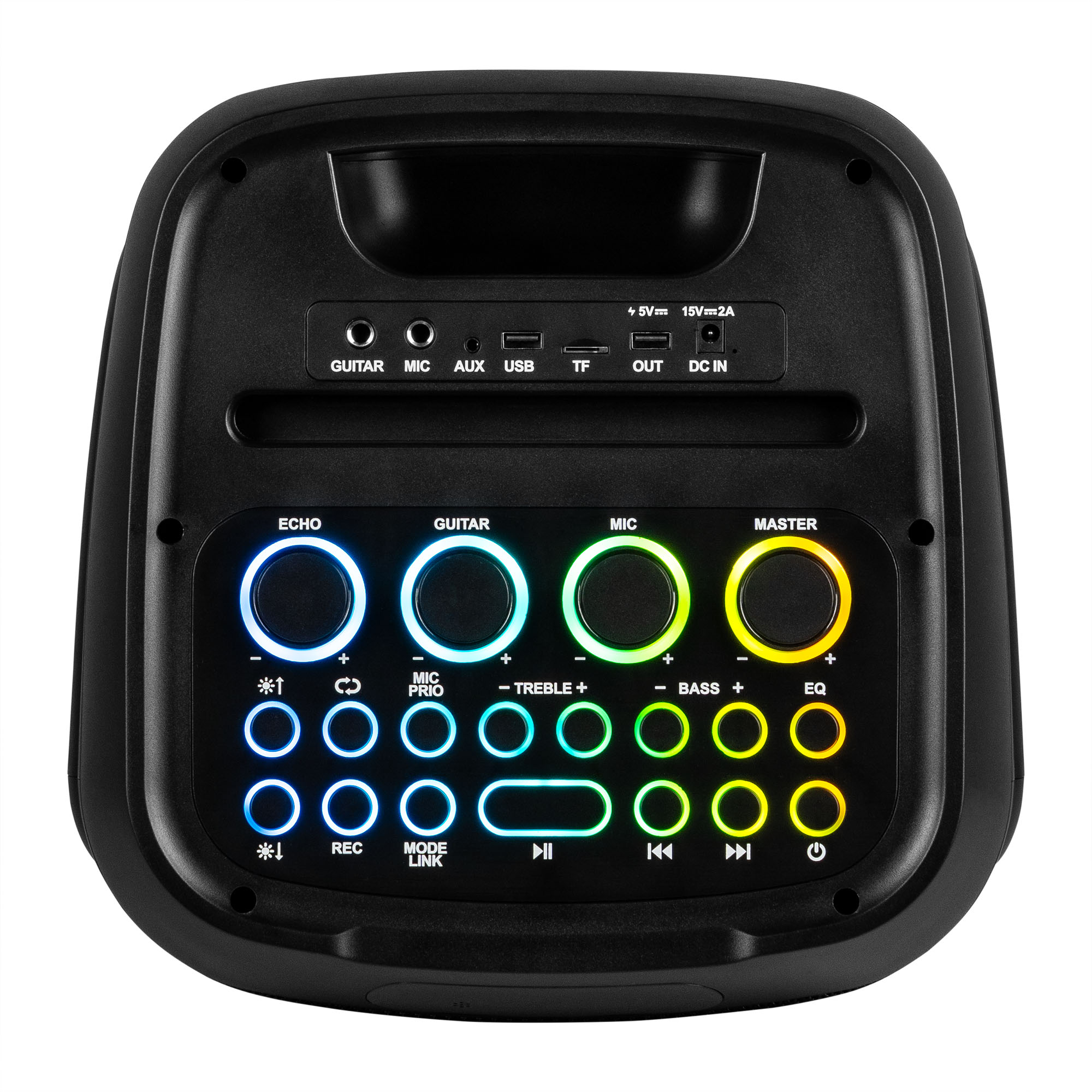 Altavoz de audio negro con panel de control. Tiene botones para eco, guitarra, micro y master.