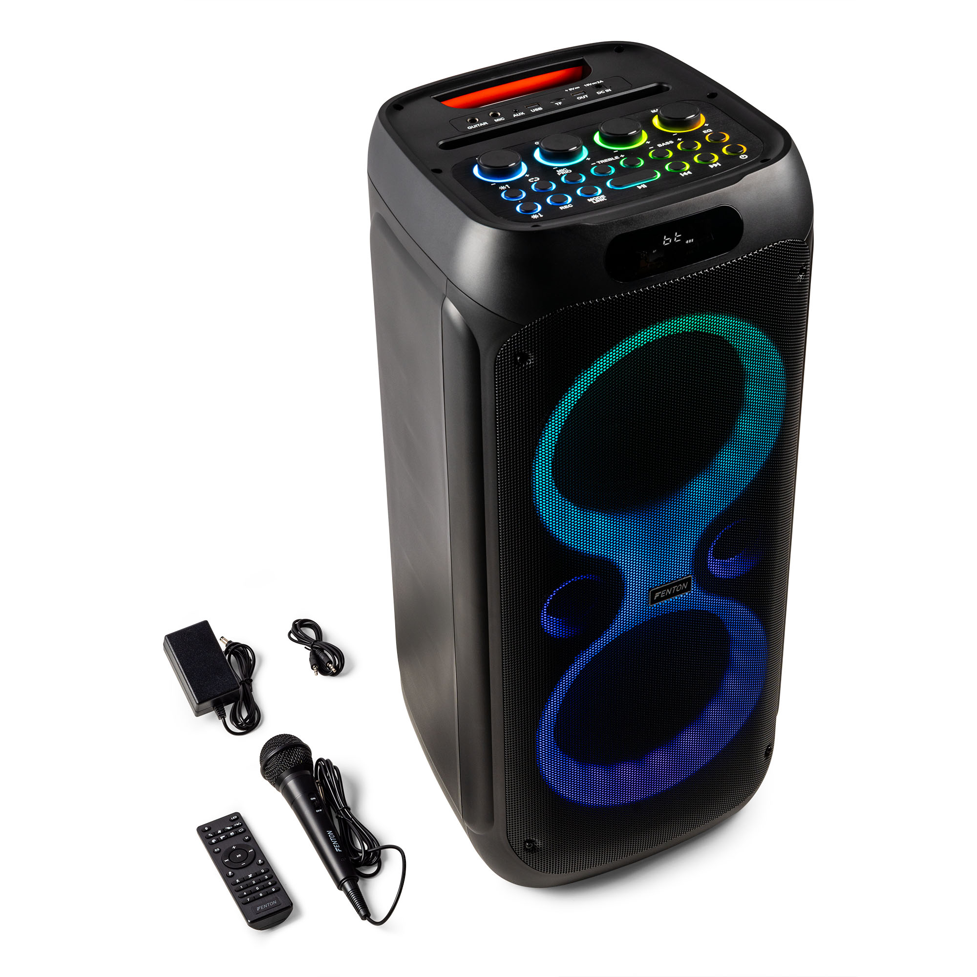 Altavoz negro con luces de colores, micrófono, mando y adaptador de corriente sobre fondo blanco.