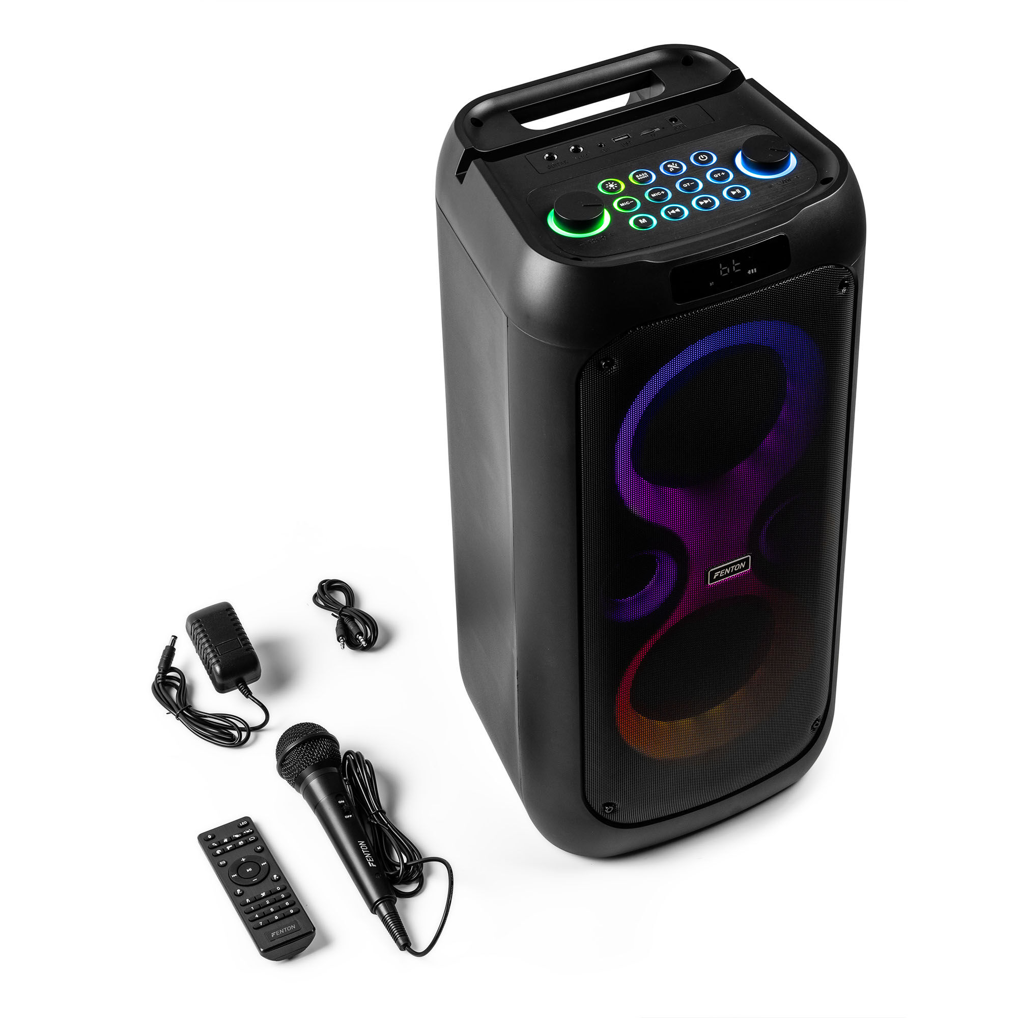Altavoz negro con luces y accesorios. Micrófono, mando a distancia y fuente de alimentación.
