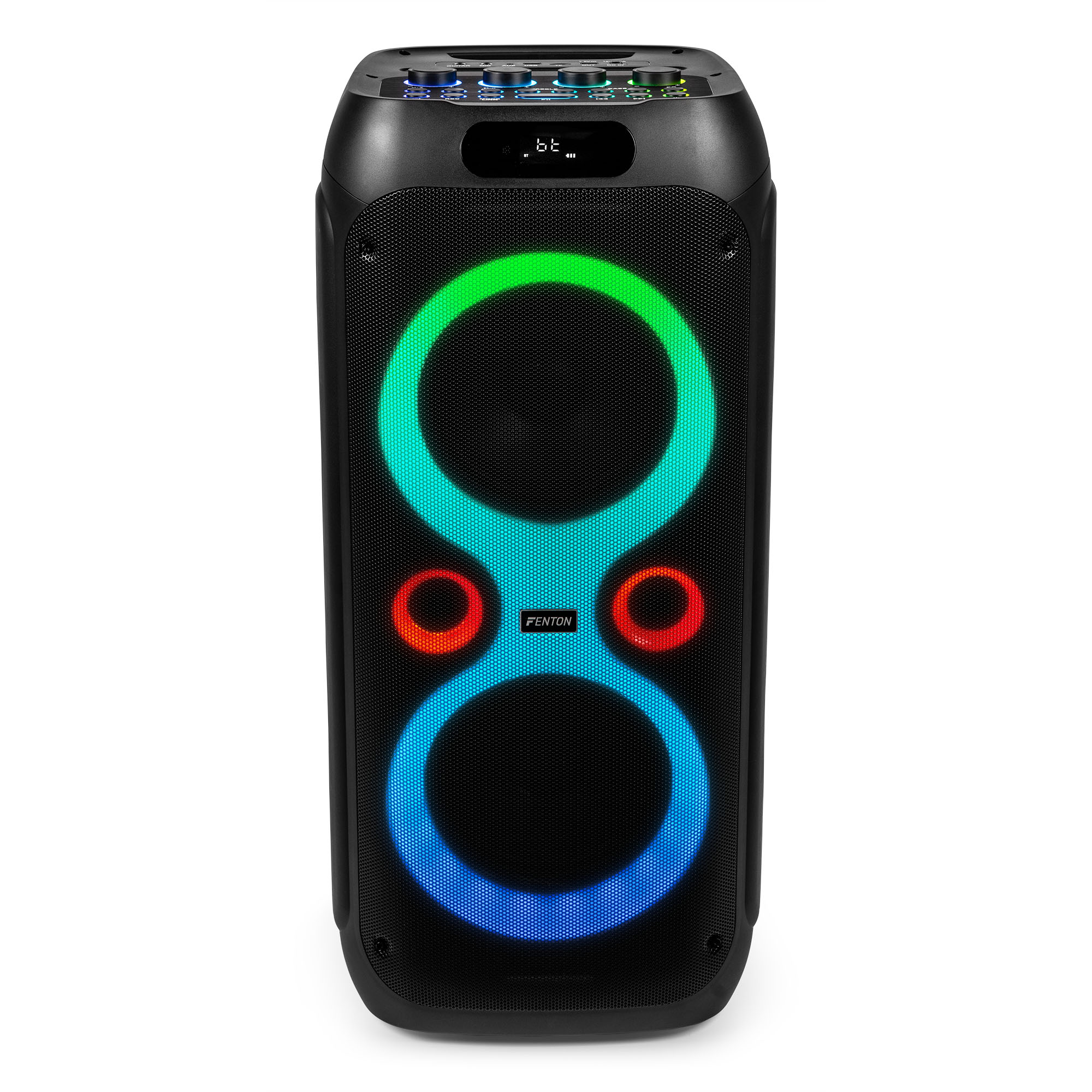 Altavoz negro con luces de colores en el frente. Tiene la marca FENTON.