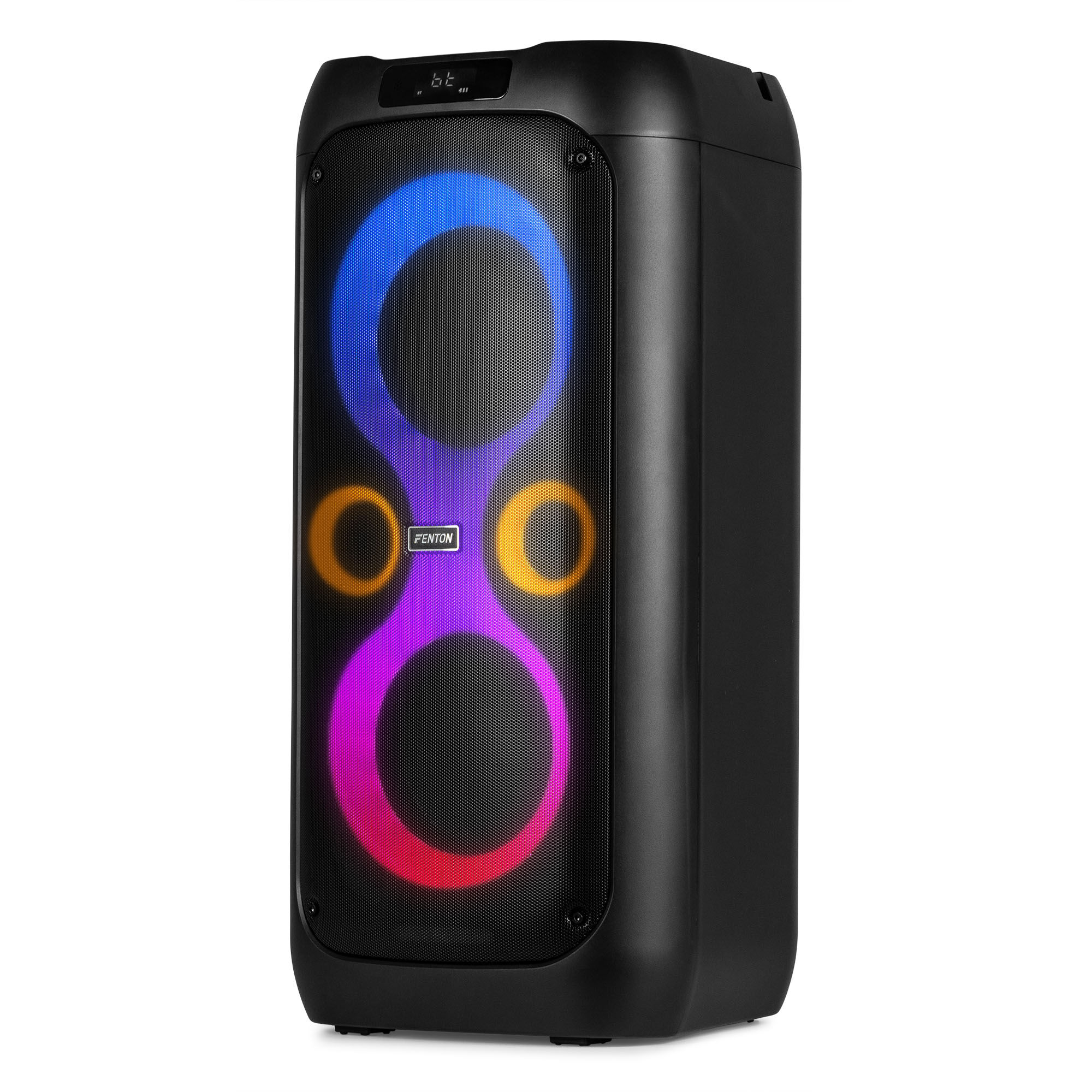 Altavoz negro con luces de colores en la parte delantera. Círculos de azul, morado y naranja.