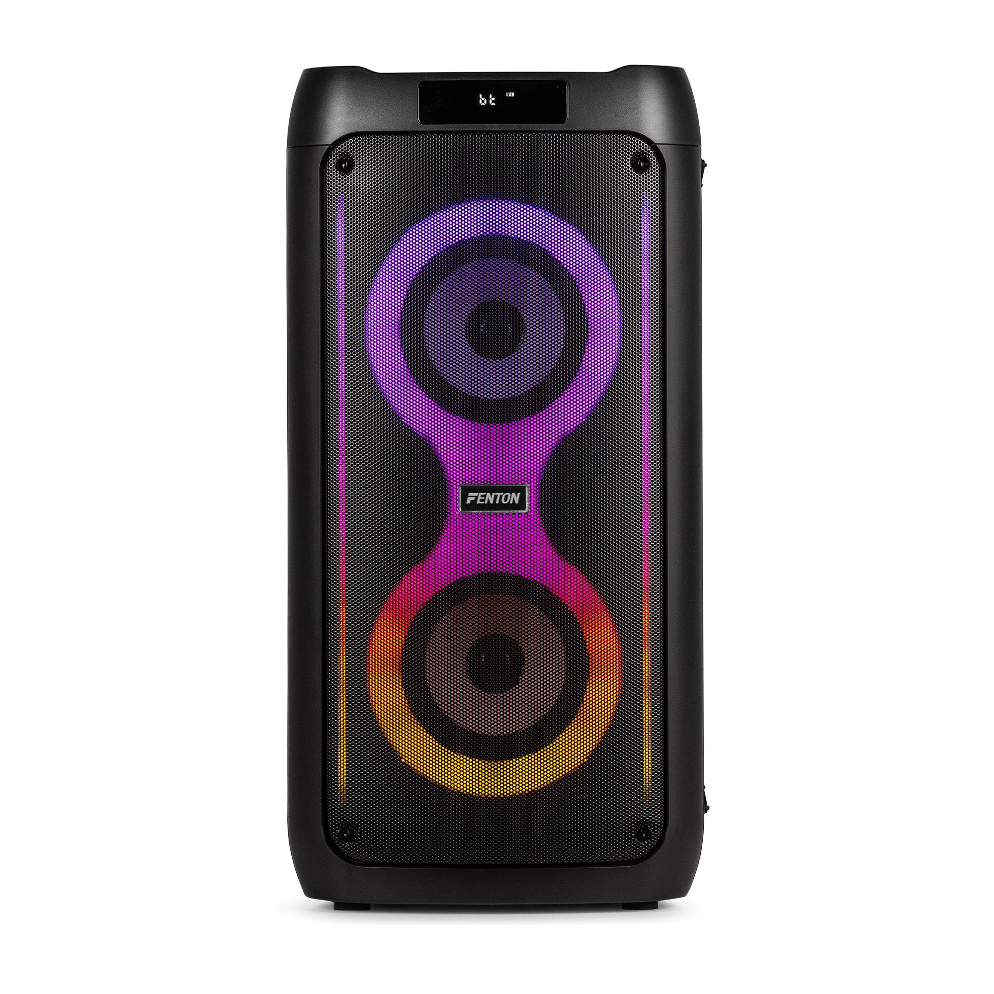 Altavoz negro con luces coloridas, frente de rejilla. Muestra pantalla y botones.