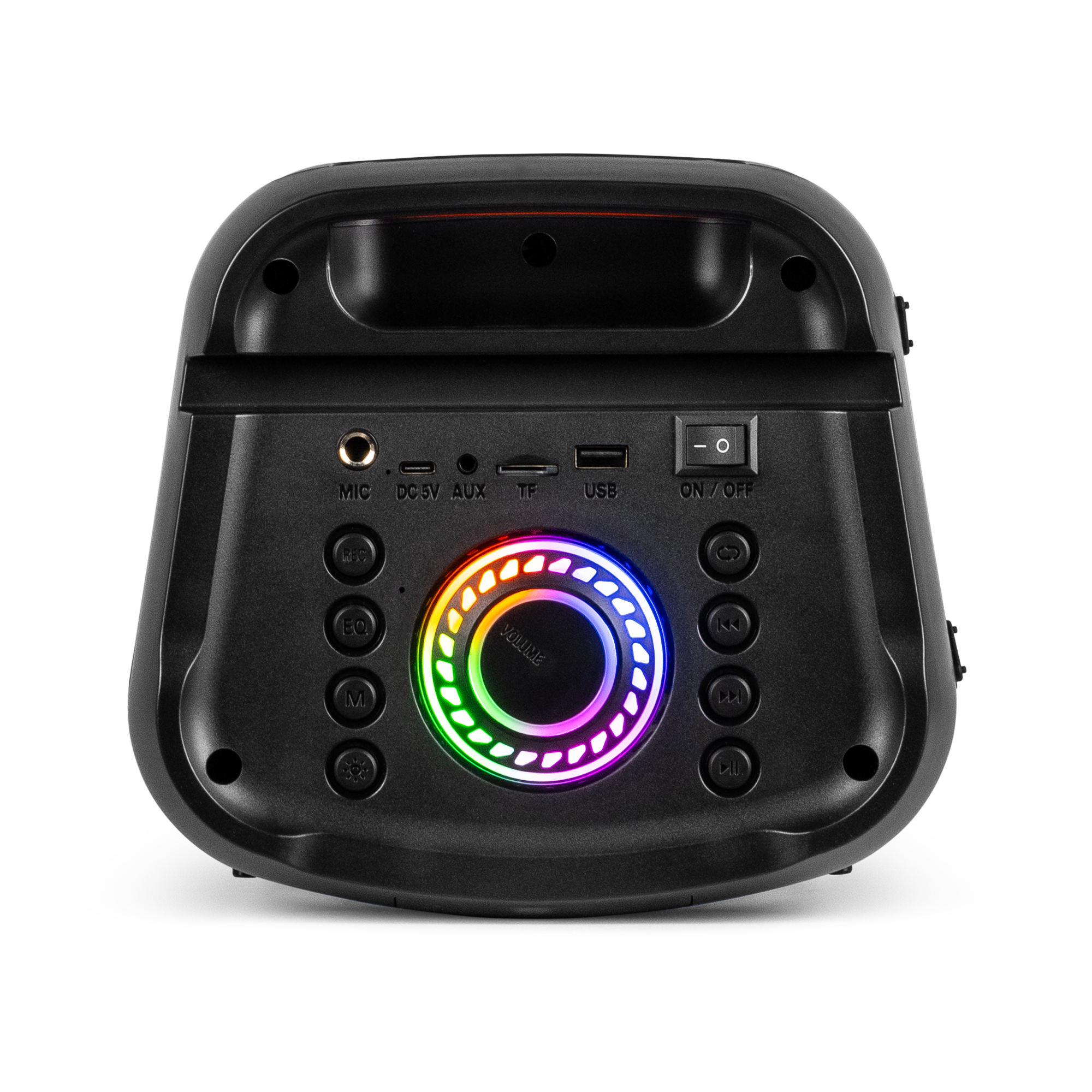 Altavoz negro con anillo de luz colorido. Tiene botones y puertos. Fondo blanco.