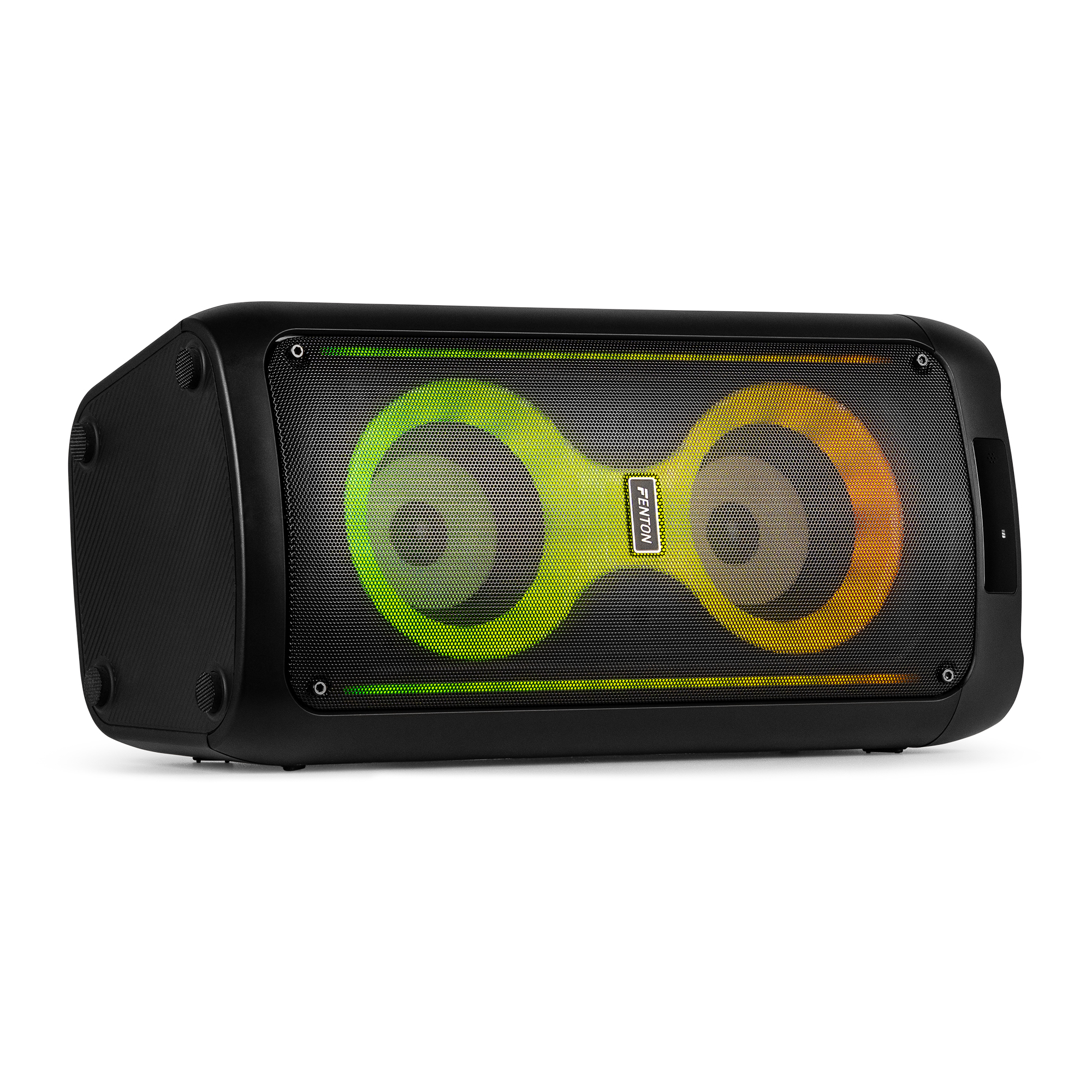 Altavoz negro con frontal de malla. Pantalla de luz circular y colorida. Controles laterales.