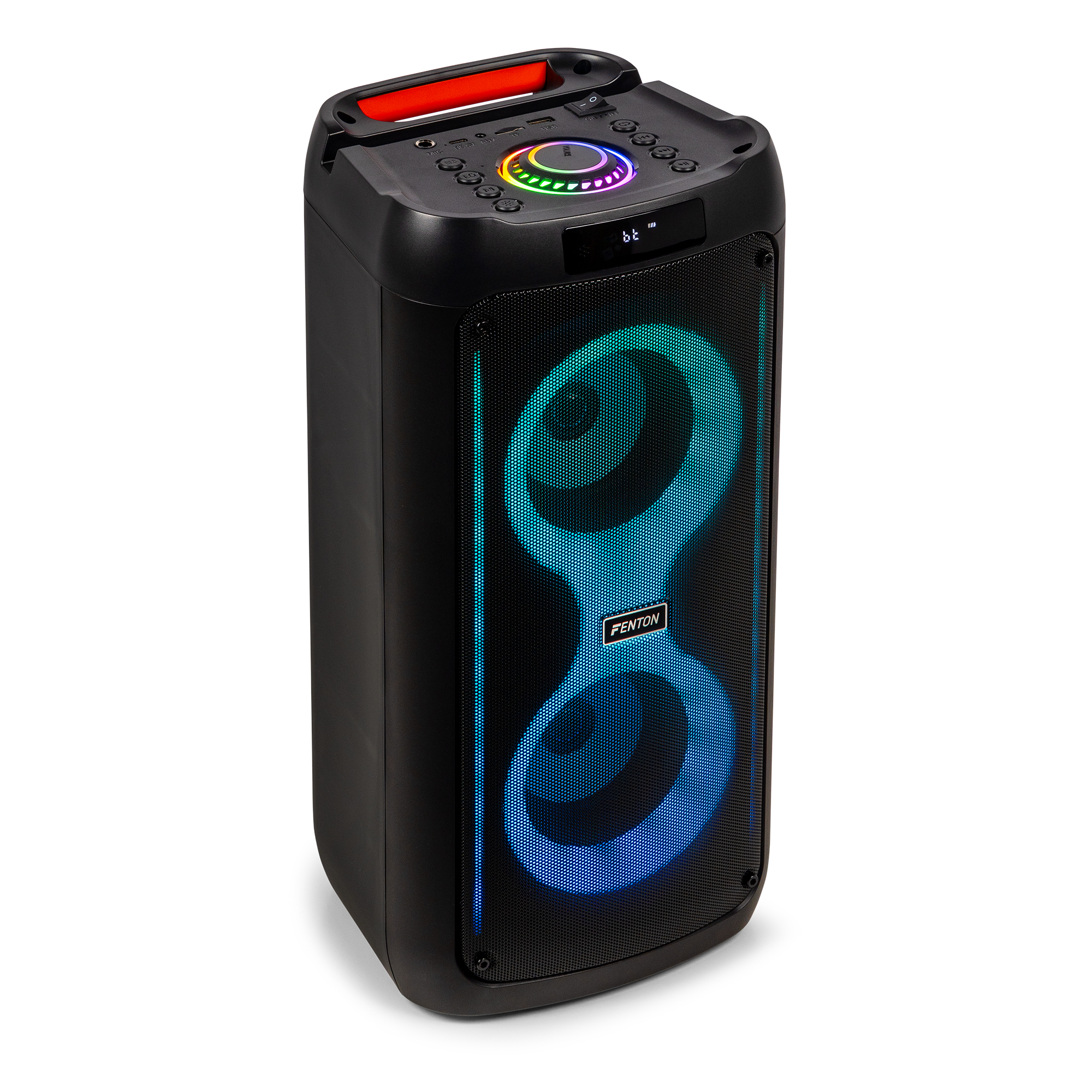 Altavoz negro con luces de colores. Dos altavoces con pantalla iluminada en el centro.