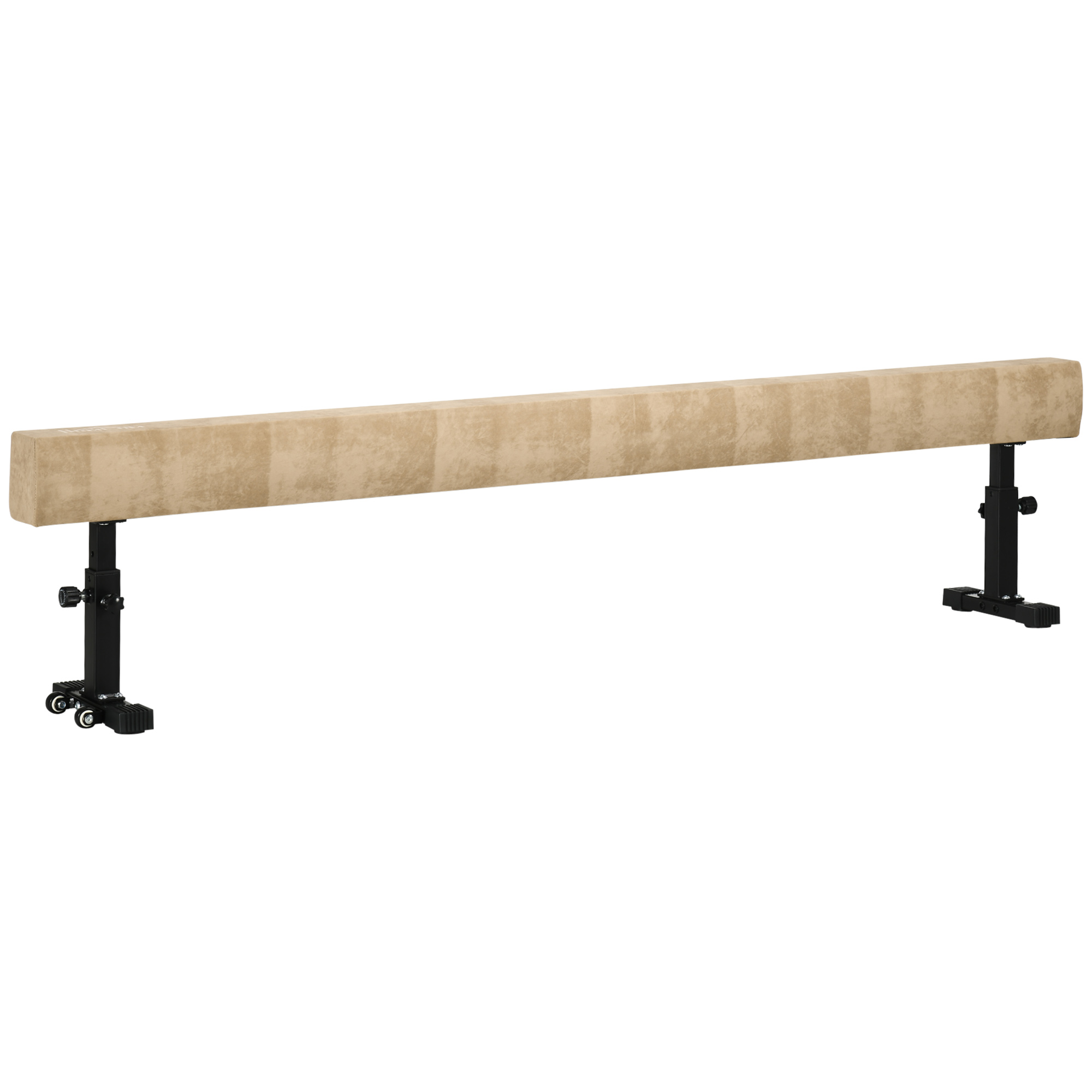 Trave di equilibrio beige con supporti neri. È su una superficie bianca. La trave è lunga.