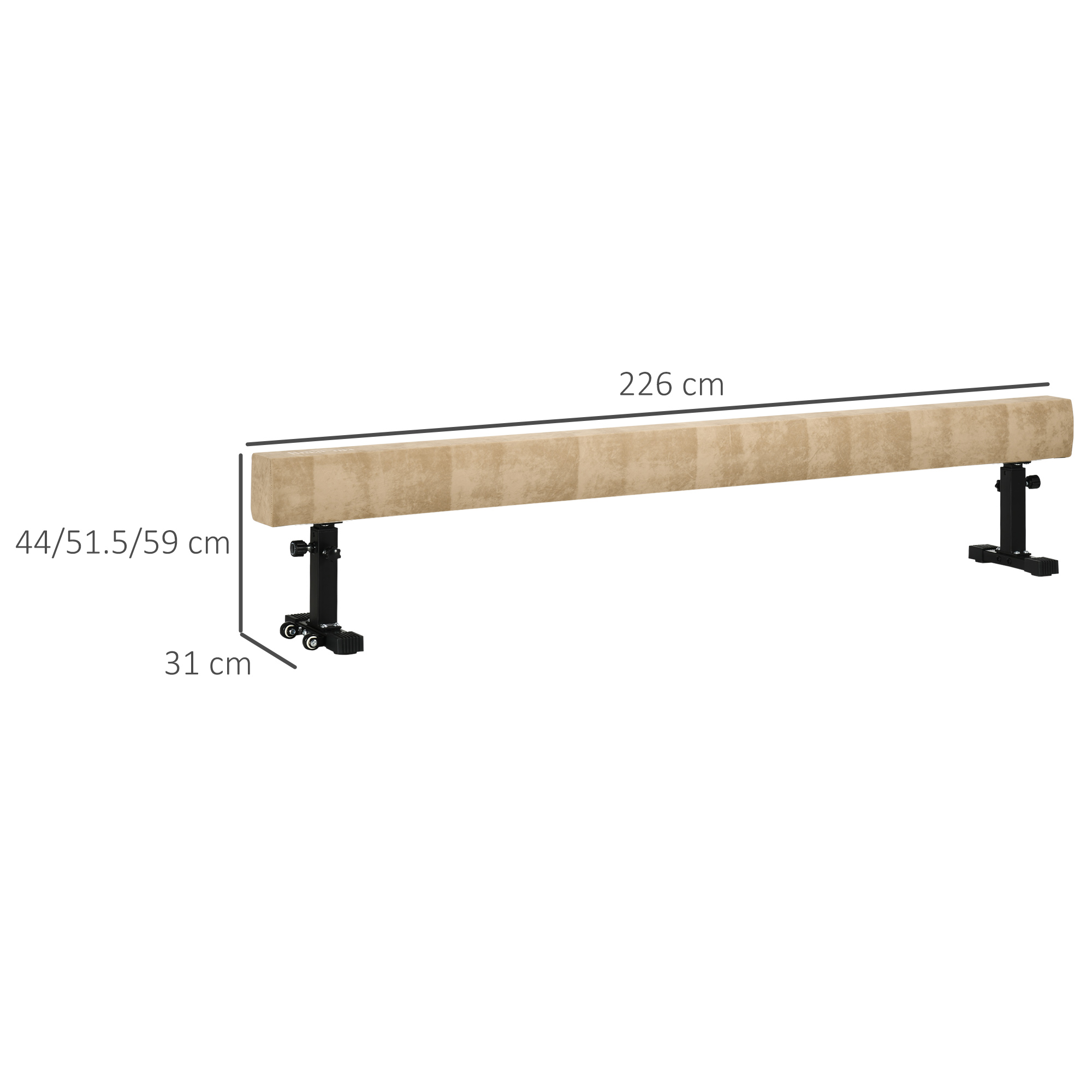 Una trave beige con gambe di supporto nere. Dimensioni: 226cm lungo, 44-59cm alto, 31cm largo.