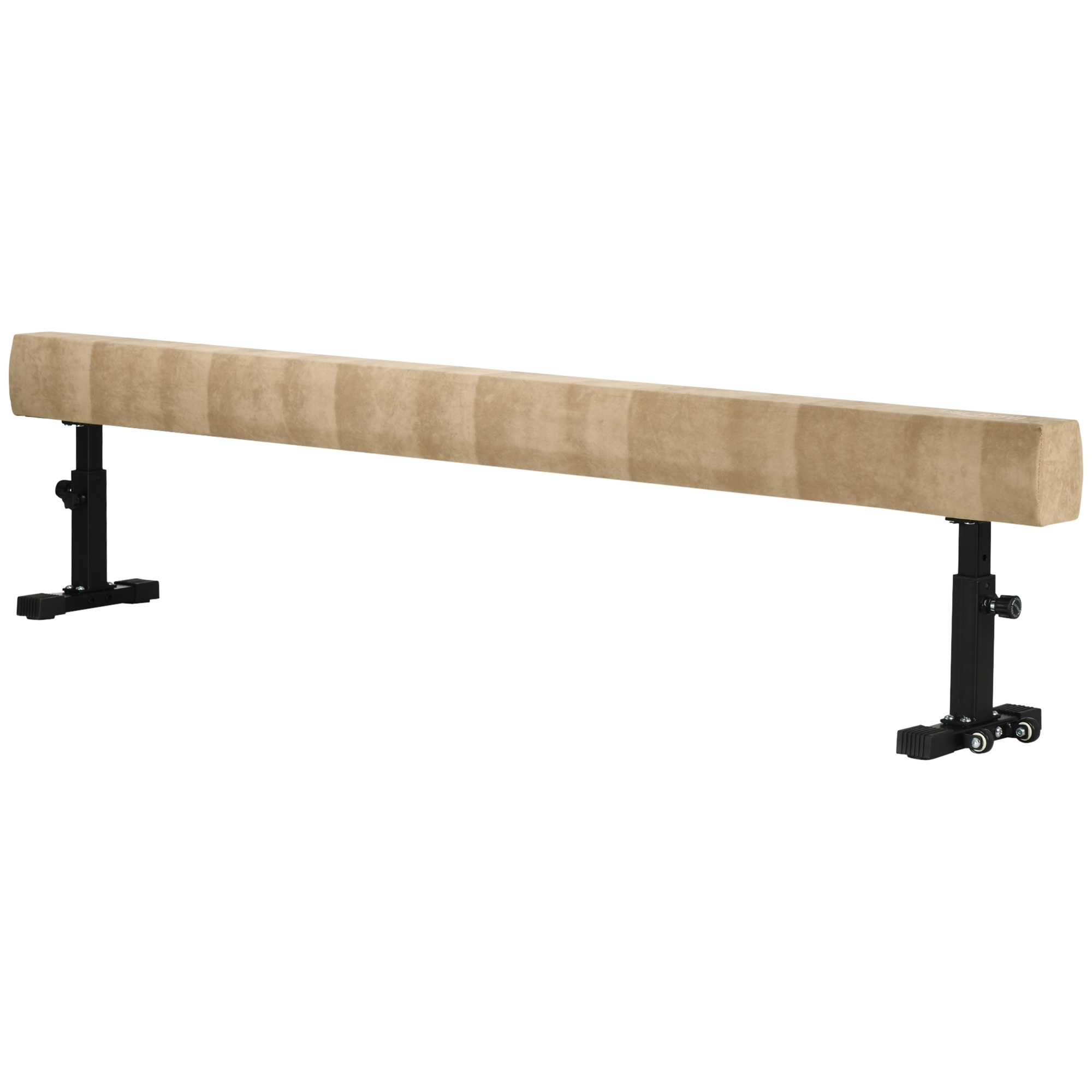 Trave di equilibrio da ginnastica beige con supporti neri. Sfondo bianco.