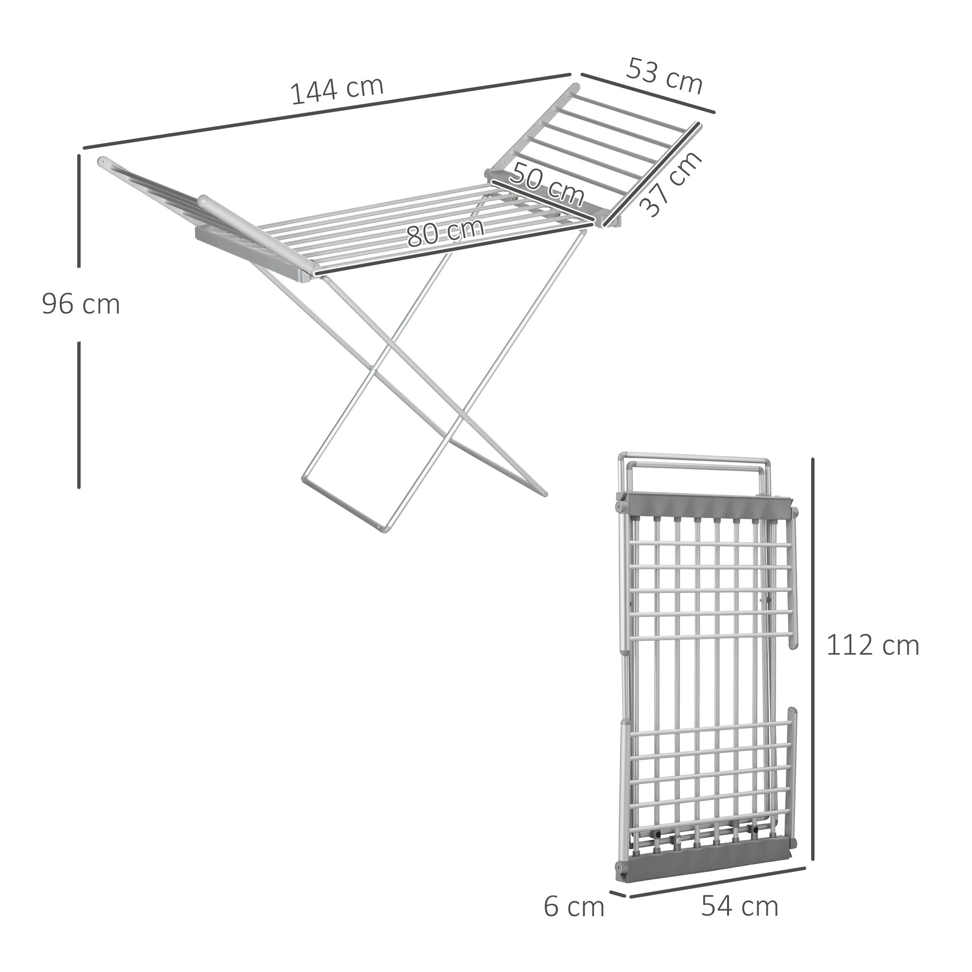 Stendibiancheria, piegato e spiegato. Mostra le dimensioni: 144 cm, 96 cm, 53 cm, 37 cm, 50 cm e 6 cm.