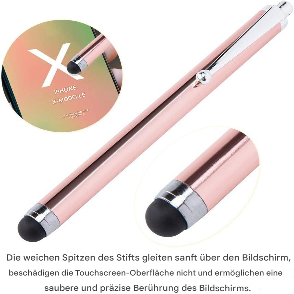 Roségoldener Stylus-Stift. Nahaufnahme der Stiftspitze und des iPhone X-Bildschirms.