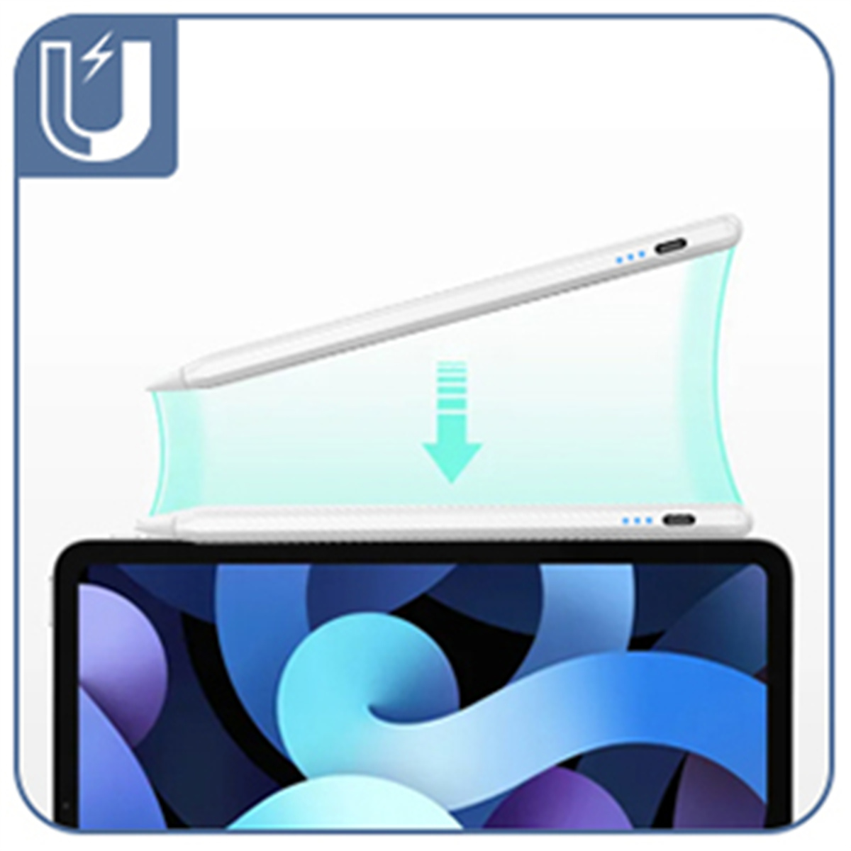 Tablet mit Stift, zeigt magnetisches Anbringen des Stifts. Hintergrund ist ein hellblauer Farbverlauf.