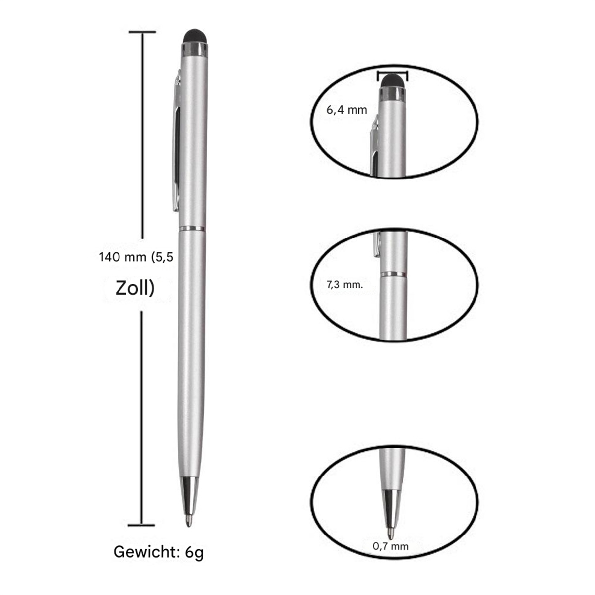 Silberner Stylus-Stift mit angegebenen Abmessungen, einschließlich Länge und Spitzenbreite, sowie Spitzendetails.