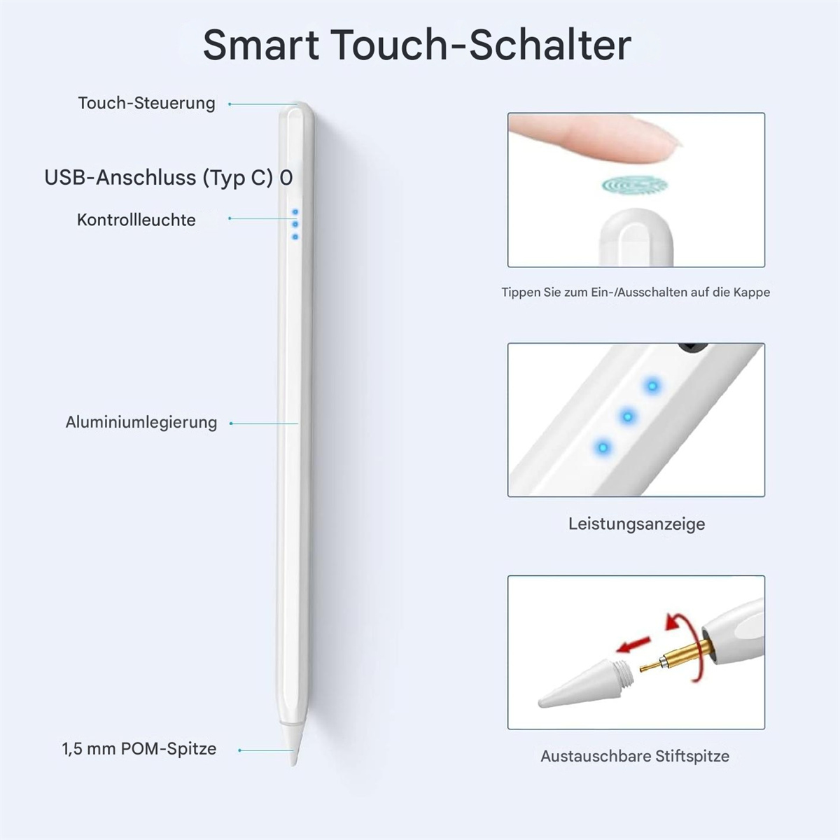 Diagramm eines weißen Stiftes mit Touch-Steuerung, USB-Anschluss und Spitze.