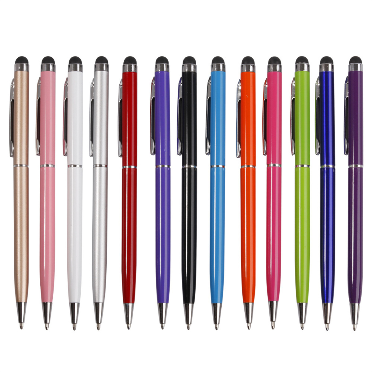 Sammlung verschiedenfarbiger Stifte mit Stylus-Spitzen: Gold, Rosa, Weiß, Rot, Lila, Schwarz, Blau, Orange.