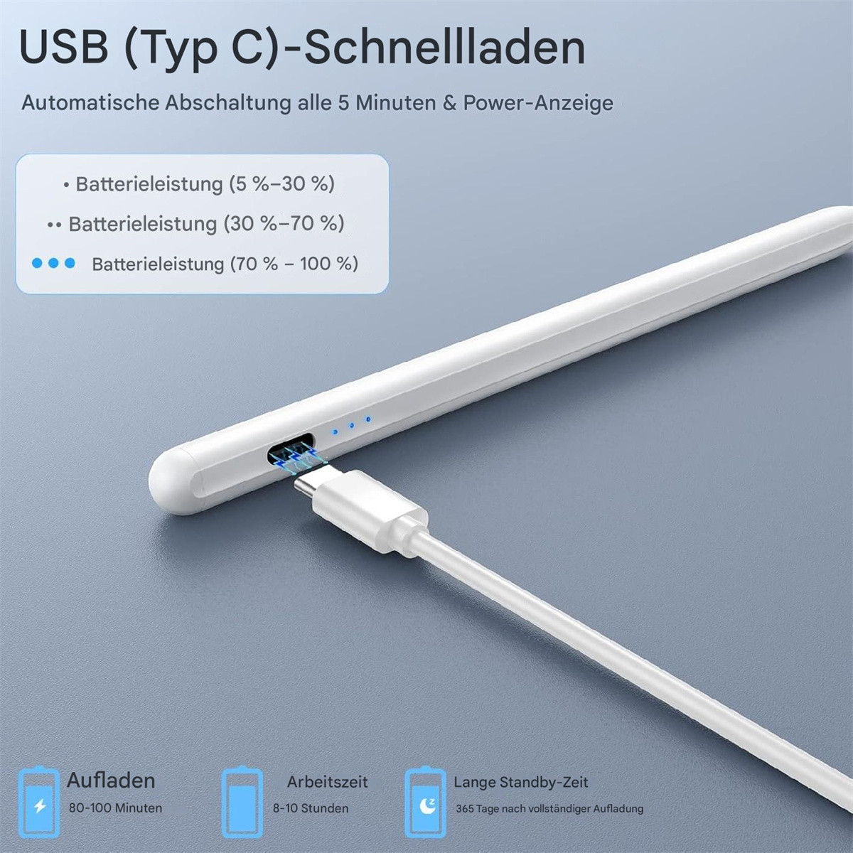 Ein Ladestift mit Kabel, der Ladefortschrittsbalken zeigt. Text: USB (Typ C)-Schnellladen.