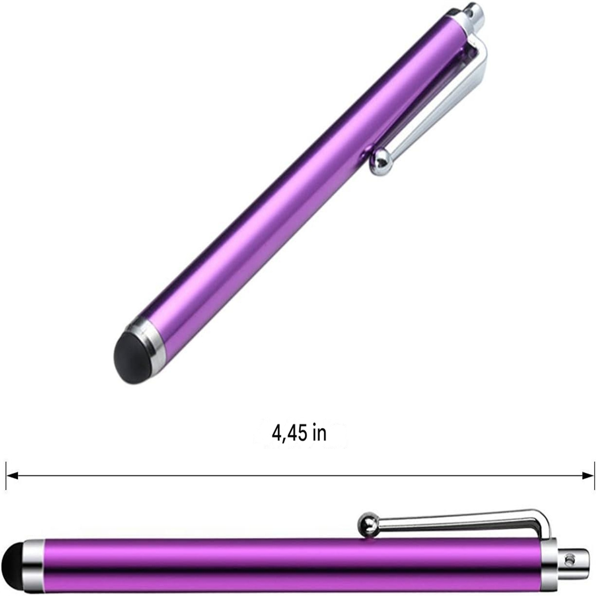 Ein lila Stift mit silbernem Clip, der auf einer weißen Oberfläche liegt. Er ist 4,45 Zoll lang.