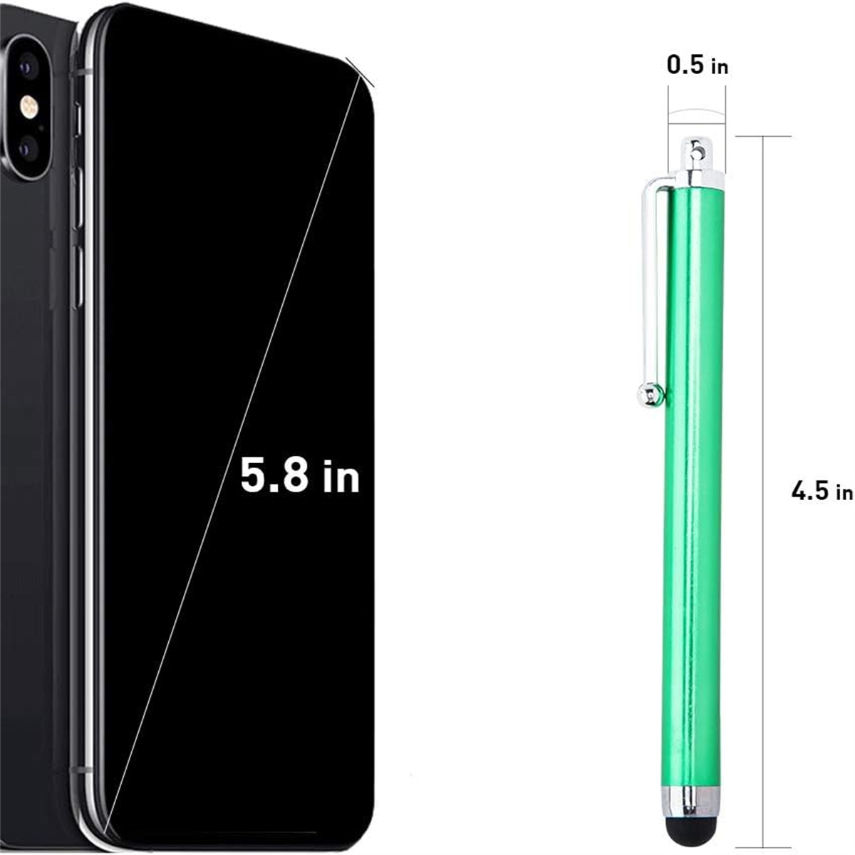 Schwarzes Telefon mit einem Stylus und einem grünen Stift. Das Telefon ist 5,8 Zoll lang und der Stift 4,5 Zoll mit 0,5 Zoll Spitze.