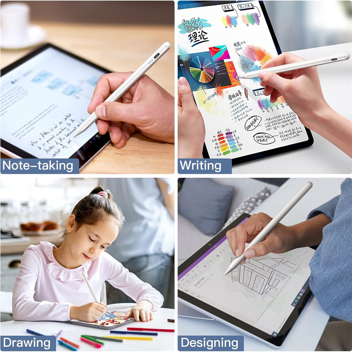 Bilder zeigen die Tablet-Nutzung: Notizen machen, Schreiben, Zeichnen und Designen mit Stift.