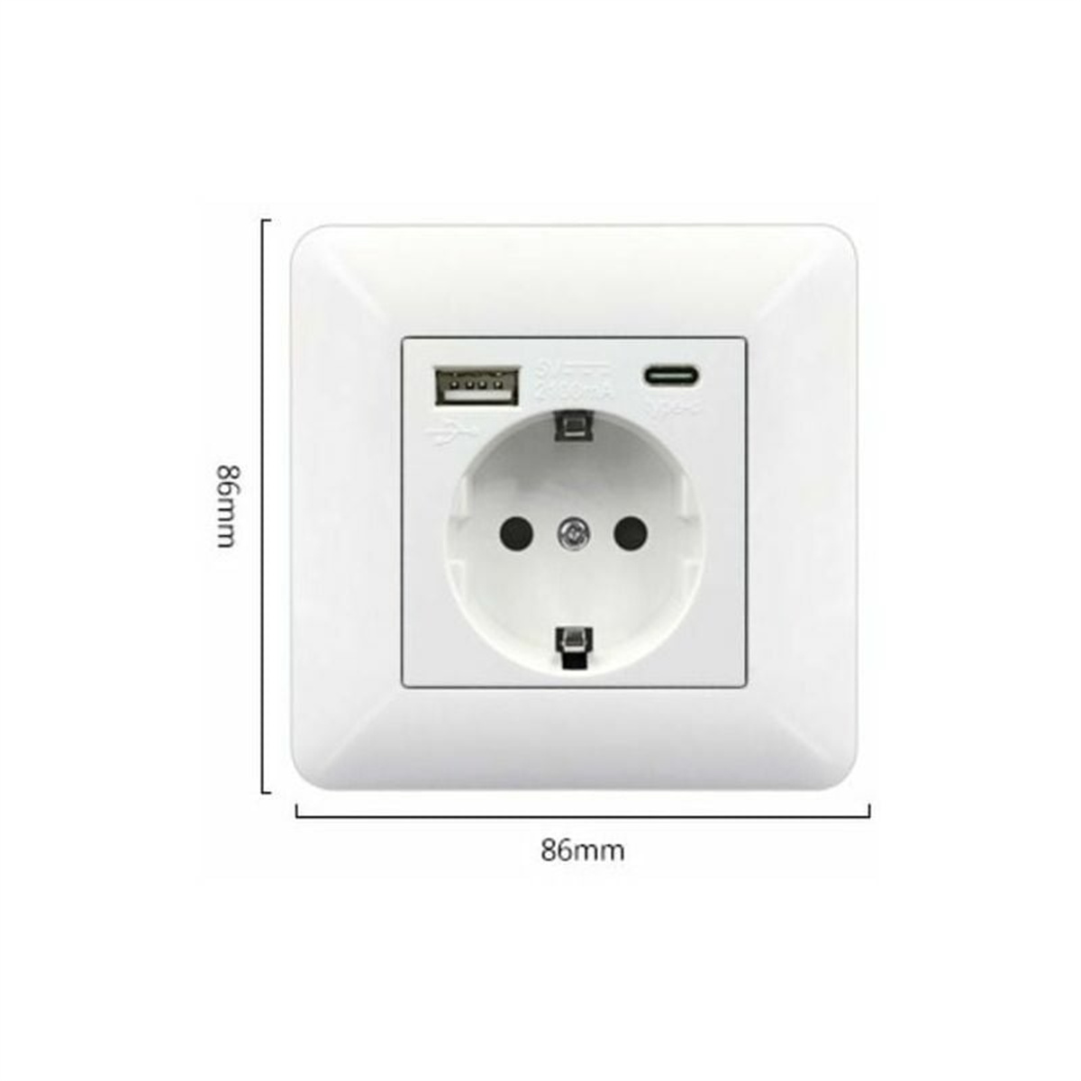Eine weiße Steckdose mit USB-Anschluss und quadratischem Design. Abmessungen werden angezeigt.