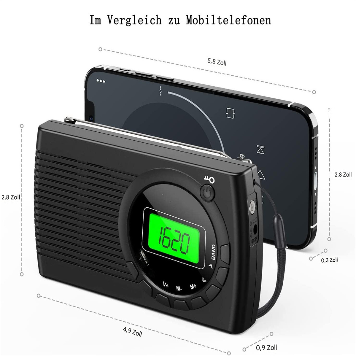 Ein schwarzes Radio mit Digitalanzeige, neben einem Smartphone, mit Maßen angegeben.