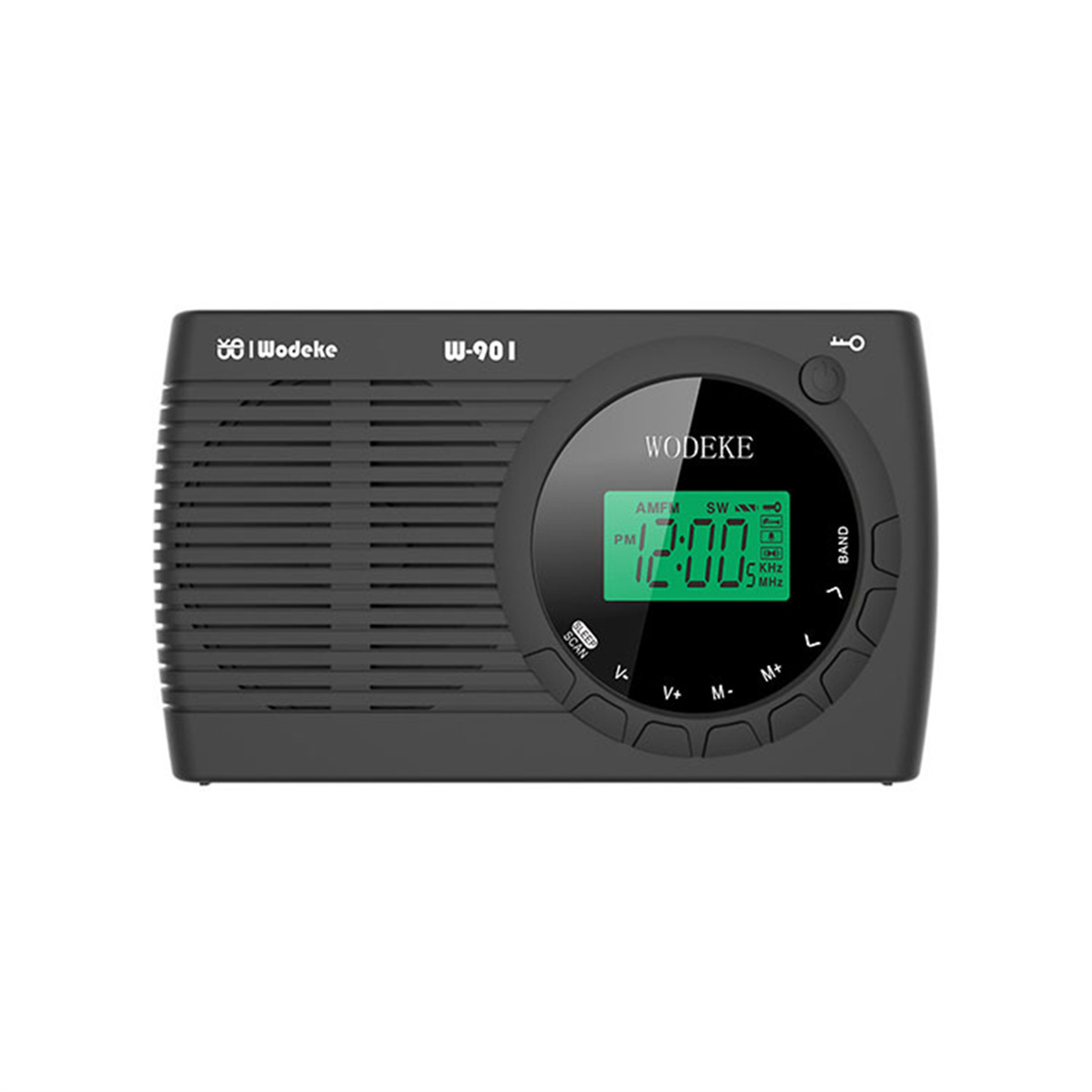 Schwarzes Digitalradio mit grünem Display.