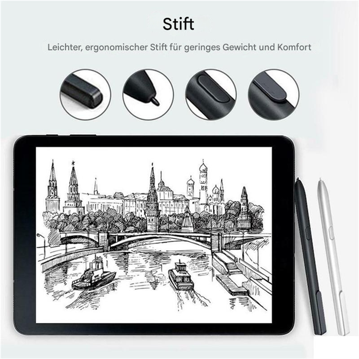 Schwarzes Tablet mit Stiften. Das Bild zeigt das Tablet und verschiedene Stiftdesigns.