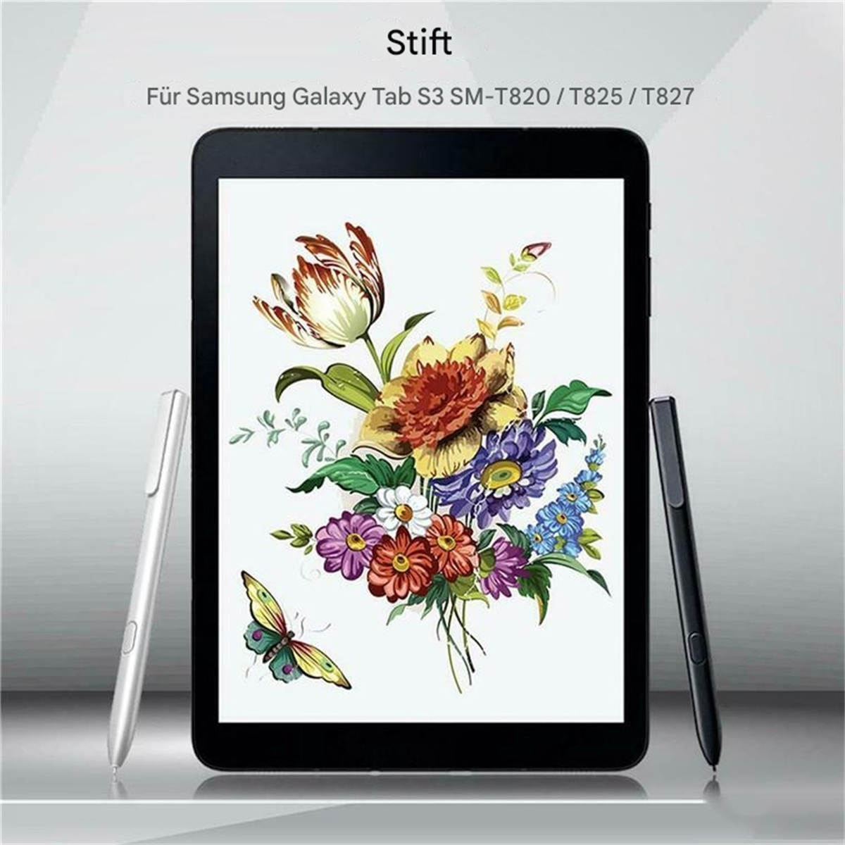 Tablet mit Blumendesign, zwei Stiften.
