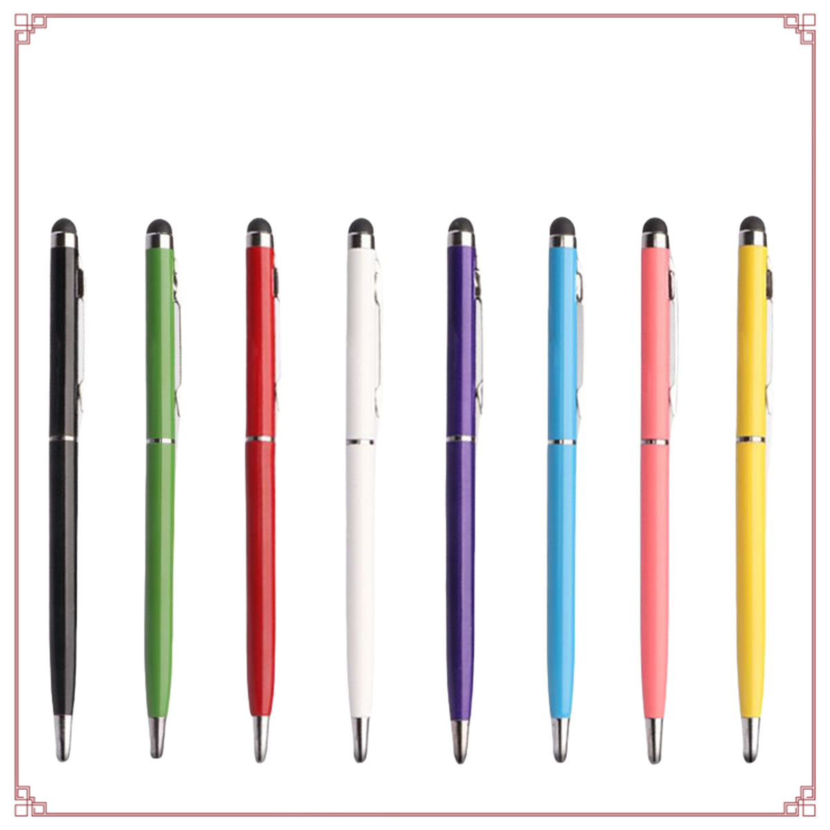 Eine Reihe bunter Stifte mit Touchscreen-Spitzen. Schwarz, grün, rot, weiß, lila, blau, pink, gelb.