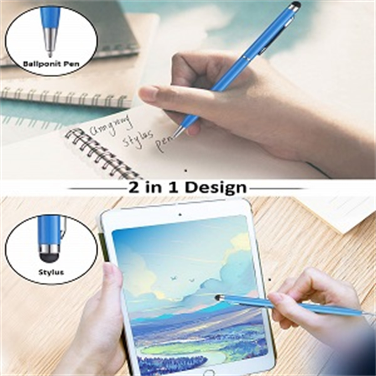 Zwei-in-Eins-blauer Stift zum Schreiben und auf einem Tablet. Nahaufnahmen der Stiftspitzen.