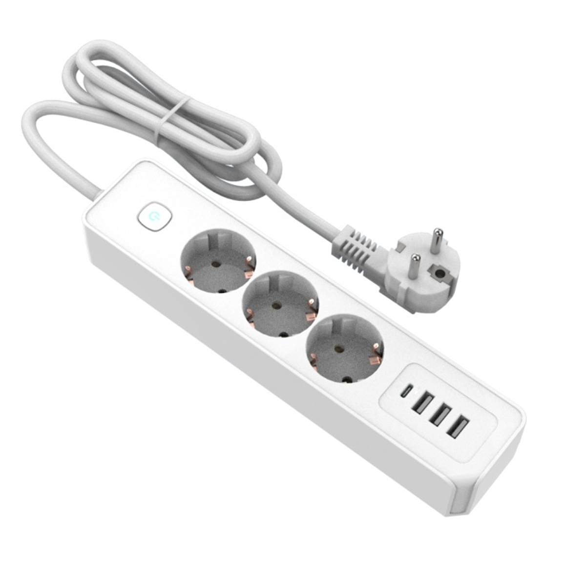 Weiße Steckdosenleiste mit drei Steckdosen und vier USB-Anschlüssen, mit Netzkabel.