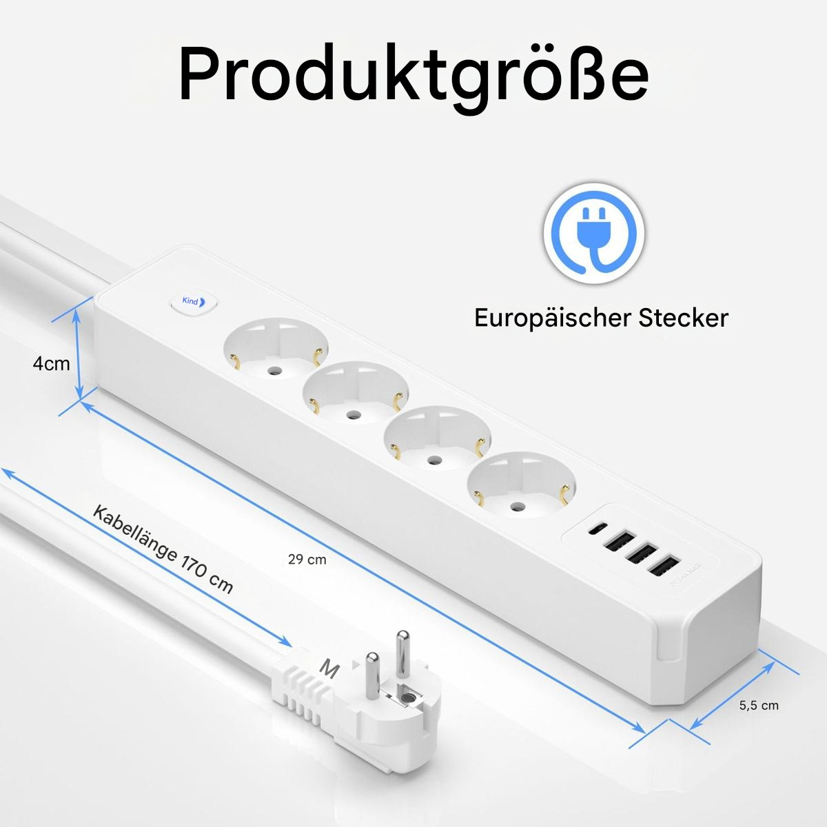 Eine weiße Steckdosenleiste mit vier Steckdosen, einem Stecker und in cm beschrifteten Abmessungen.