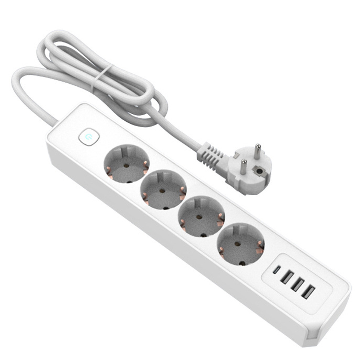 Ein weißes Verlängerungskabel mit vier Steckdosen und drei USB-Anschlüssen, plus Stecker.