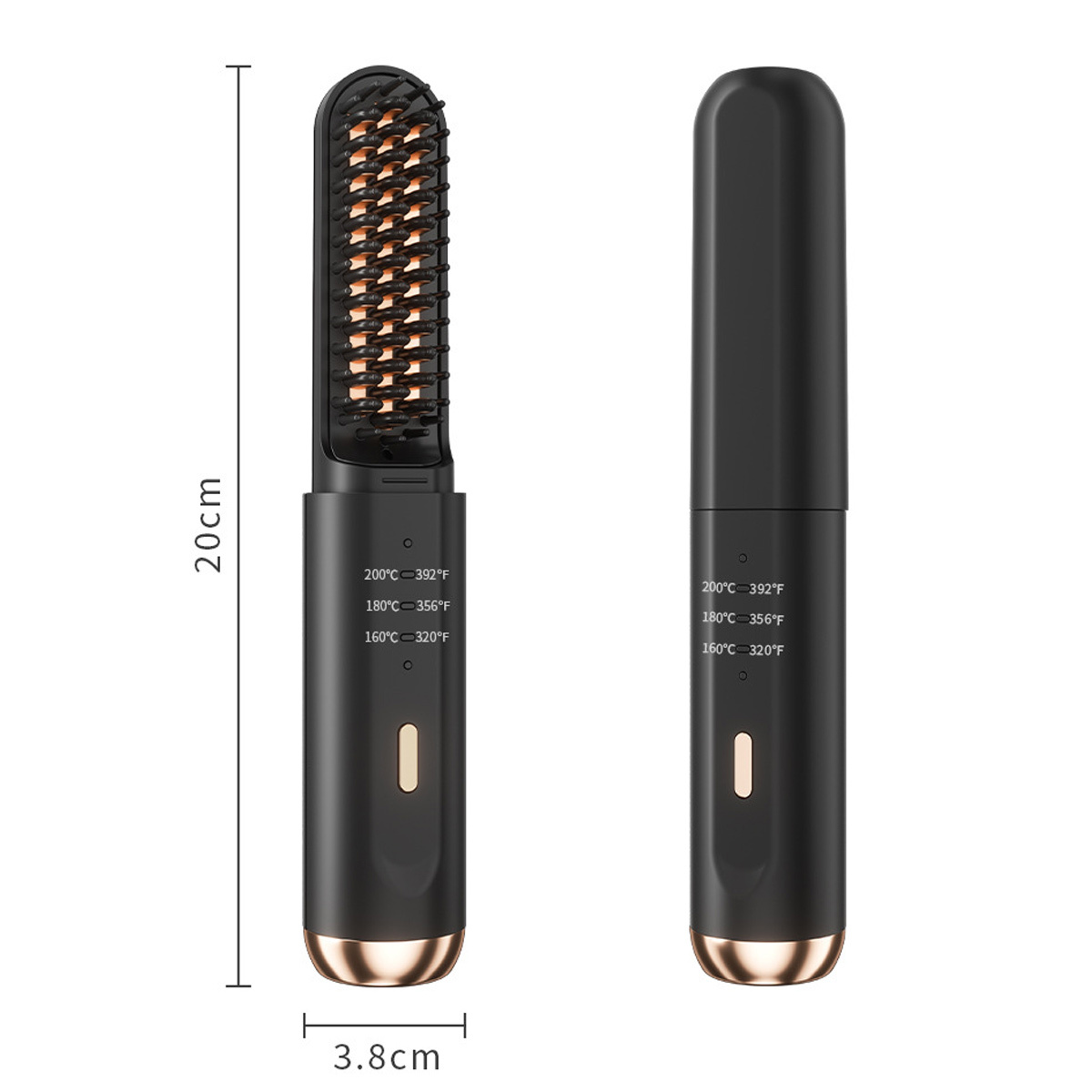 Zwei schwarze Haarglätter mit angegebenen Abmessungen. Einer geöffnet, beheizte Platten zeigend.